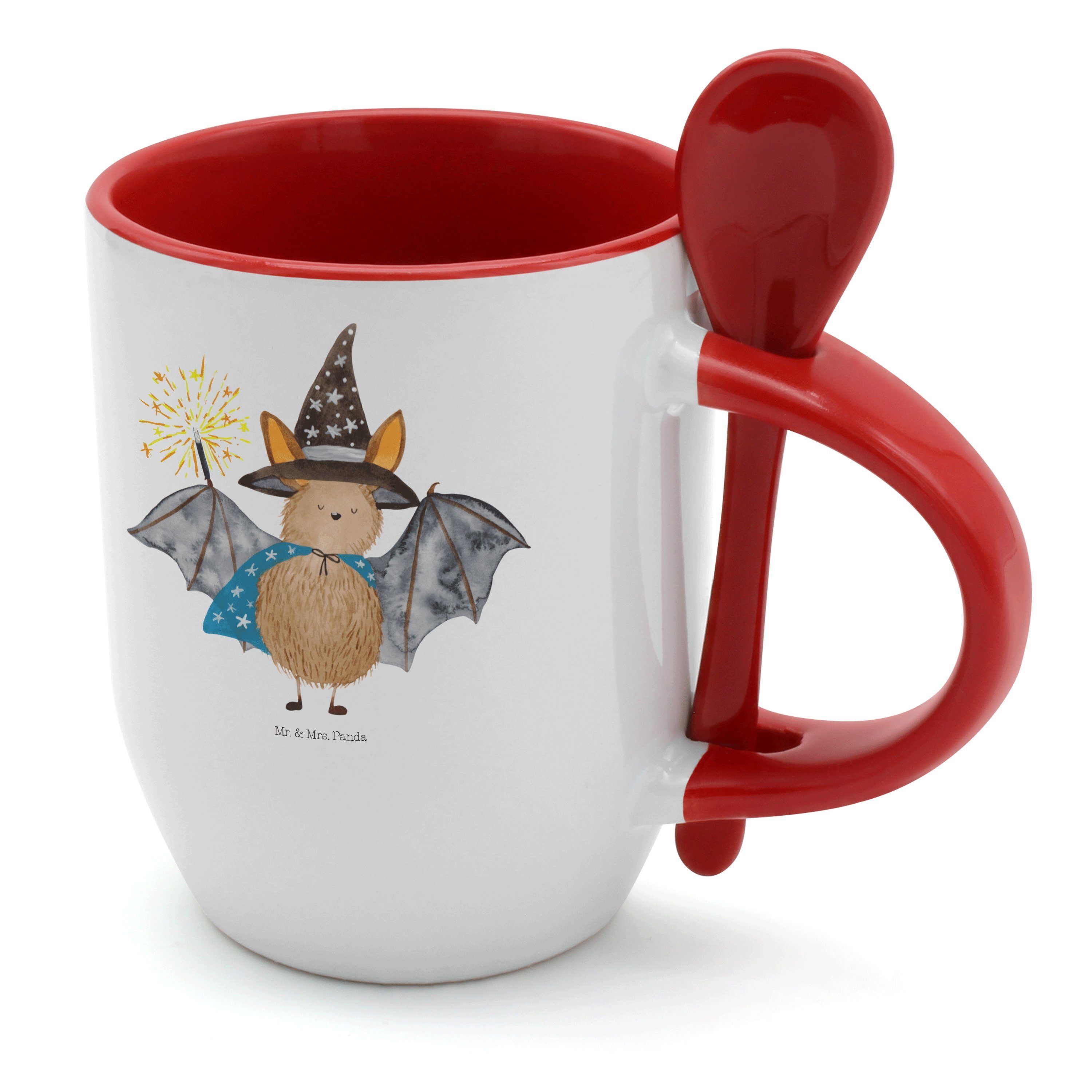 Mr. & Mrs. Panda Tasse Fledermaus Zauberer - Weiß - Geschenk, Tasse mit Löffel, Kaffeetasse, Keramik