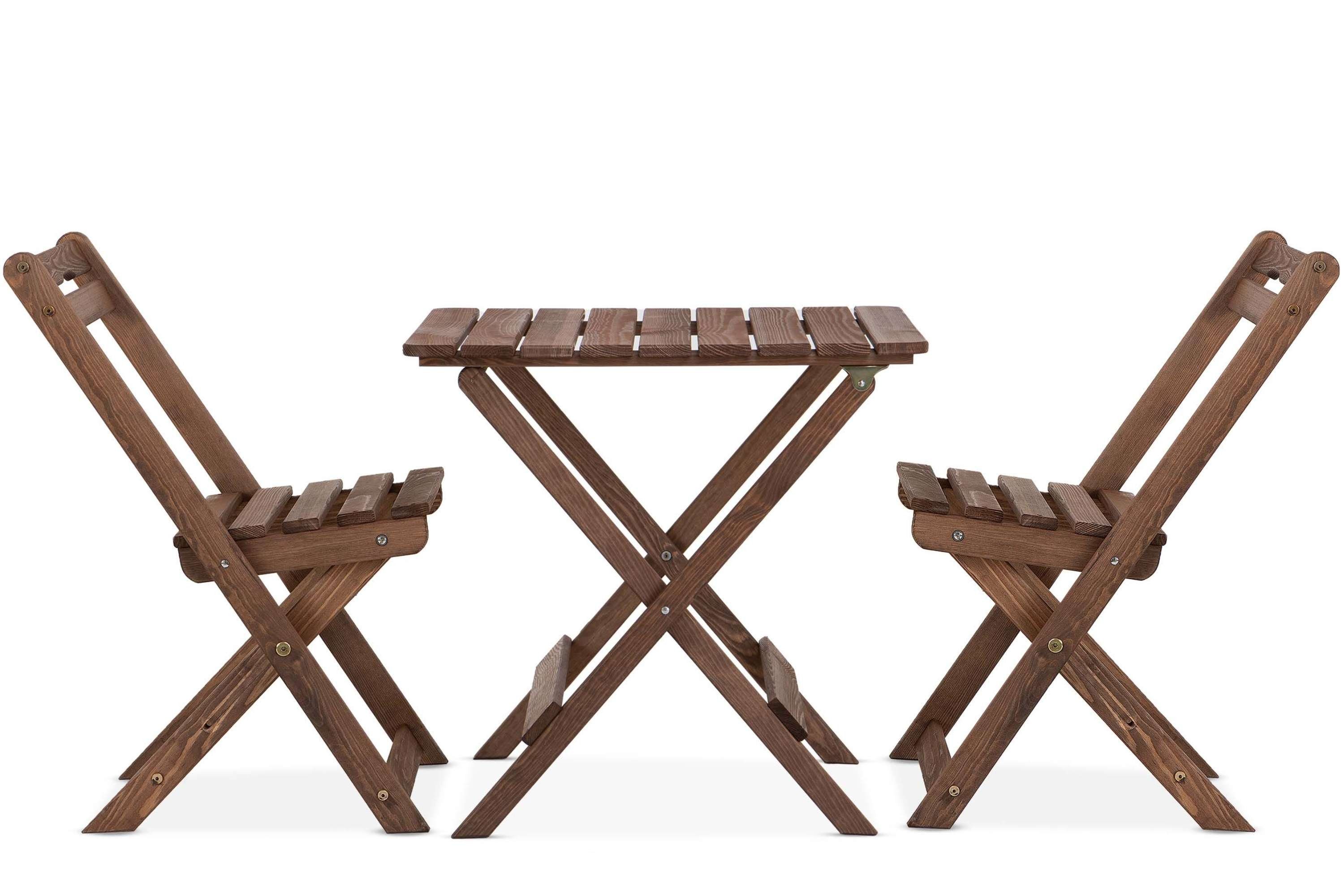 KONSIMO® Garten-Essgruppe MELES Gartenmöbel-Set aus Massivholz, (2x Sessel, 1x Tisch, 3-tlg., Tisch mit 2 Stühlen), Gartenmöbel-Set, massives Kiefernholz, hergestellt in der EU, FSC