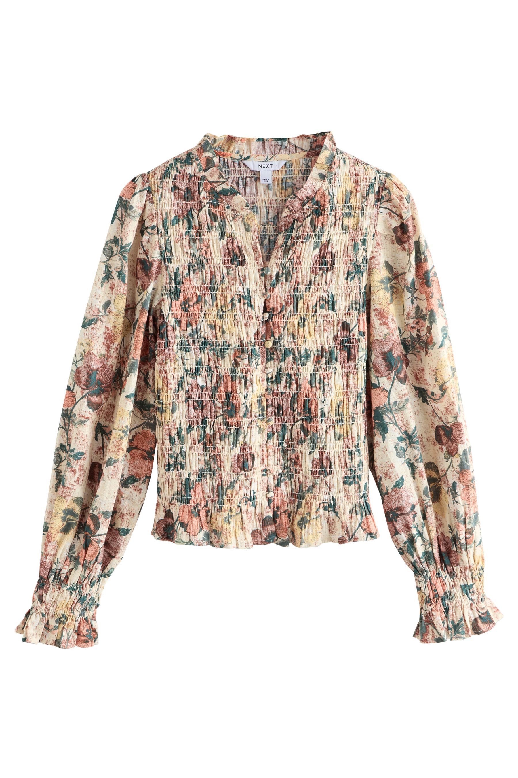 Next Langarmbluse Langärmelige, gesmokte Bluse mit Knopfleiste (1-tlg) günstig online kaufen
