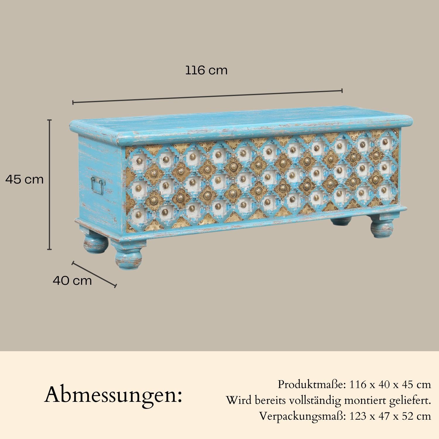 Marrakesch Orient & Mediterran Interior Truhe Massivholz-Truhe Burhan 2 Vintage Möbel Sitztruhe Betttruhe 116 cm (1 St), Handarbeit