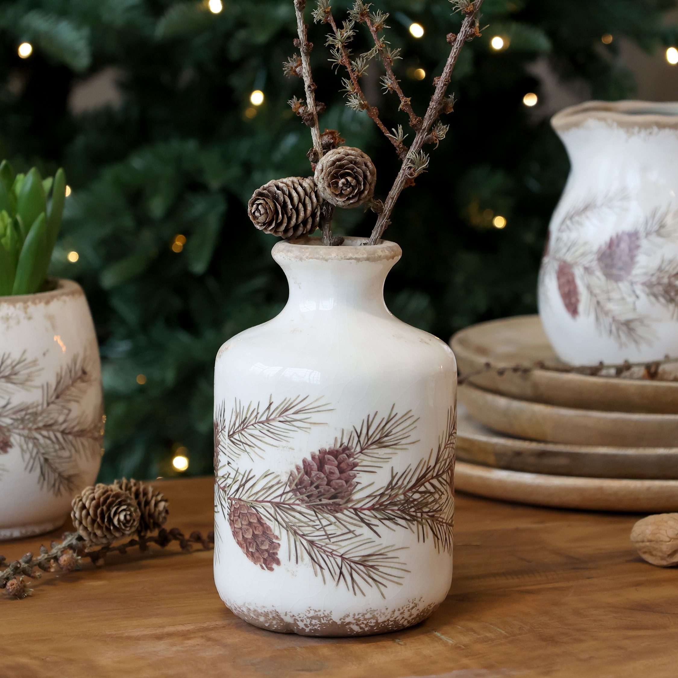 Chic Antique Tischvase Flasche Vase mit Tannengirlanden H17,5/D11 cm creme günstig online kaufen