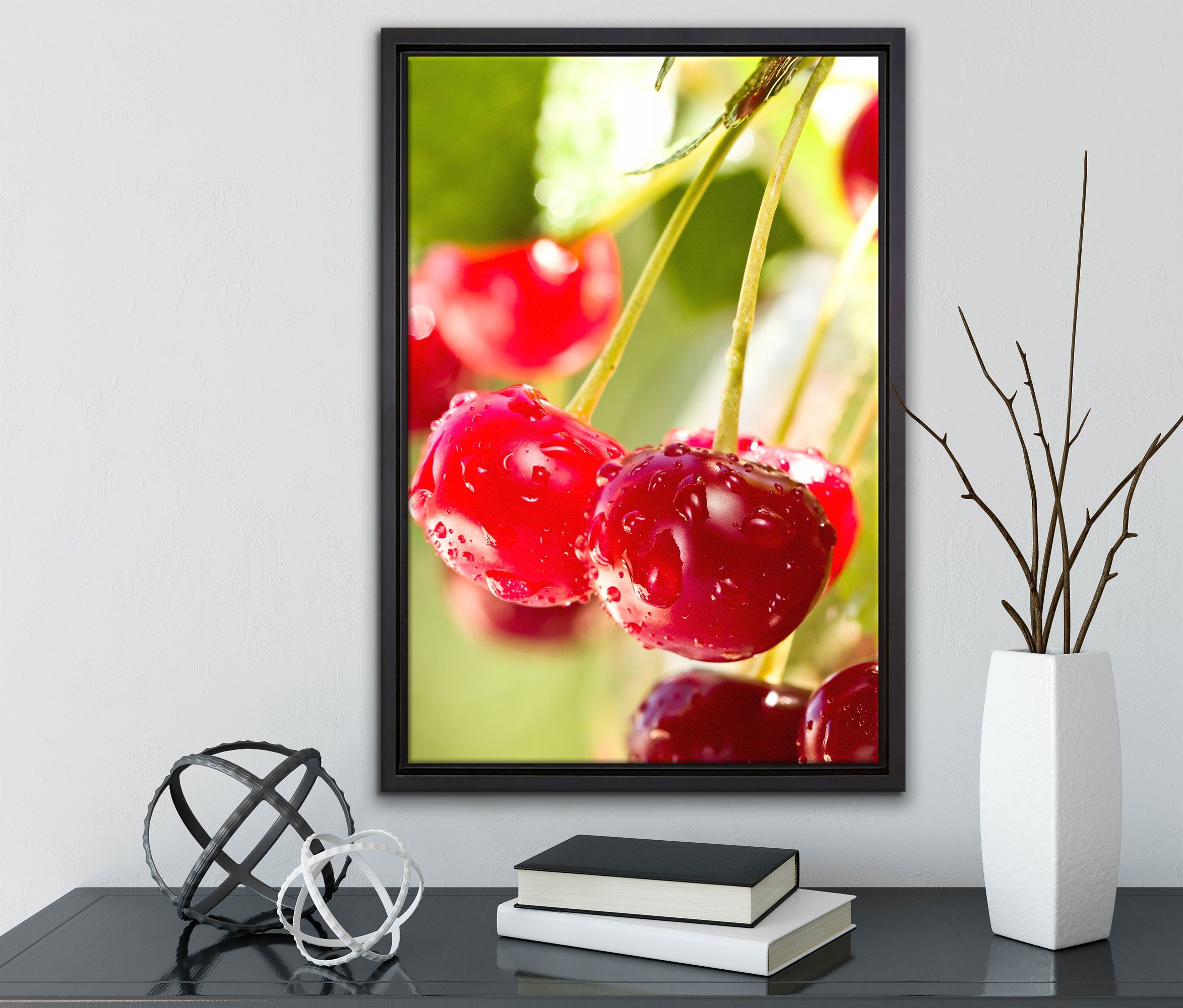 Leinwandbild am Baum, gefasst, Zackenaufhänger in einem bespannt, (1 Wanddekoration St), fertig Frische Pixxprint inkl. Kirschen Leinwandbild Schattenfugen-Bilderrahmen