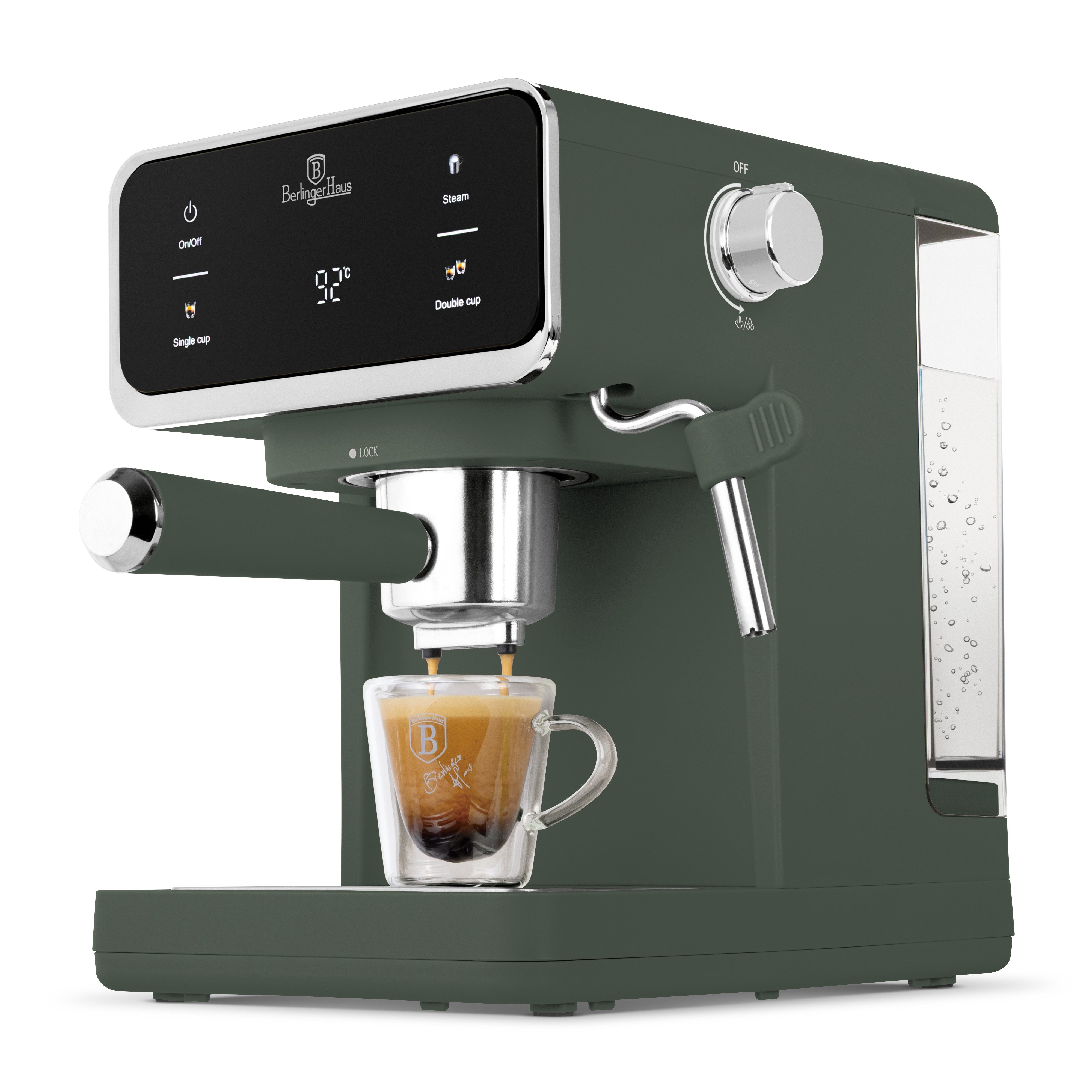 BerlingerHaus Siebträgermaschine BH 9850, 20 Bar, Touch-Display, Milchaufschäumer, für Kaffee, Pads & Kapseln