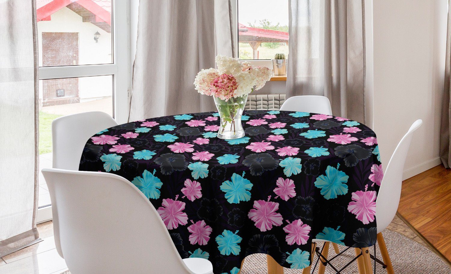 Abakuhaus Tischdecke Kreis Tischdecke Abdeckung für Esszimmer Küche Dekoration, Tropisch Bunte Hibiscus auf dunklem