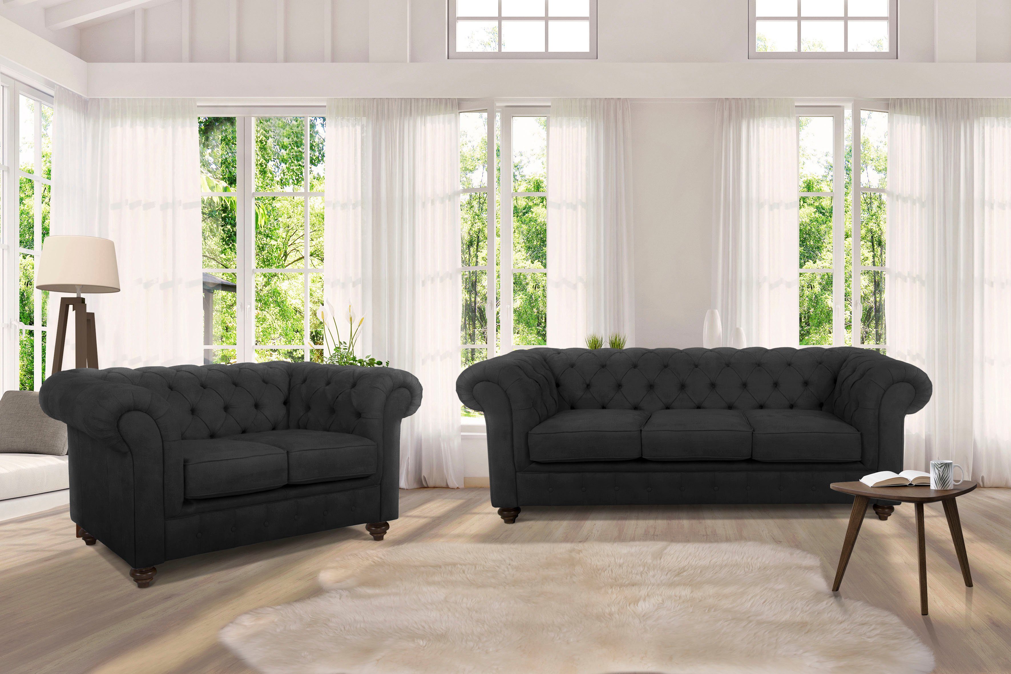 Home affaire Chesterfield-Sofa Duc 3-Sitzer, hochwertige Knopfheftung im Rücken, Samtoptik mit changierender Optik