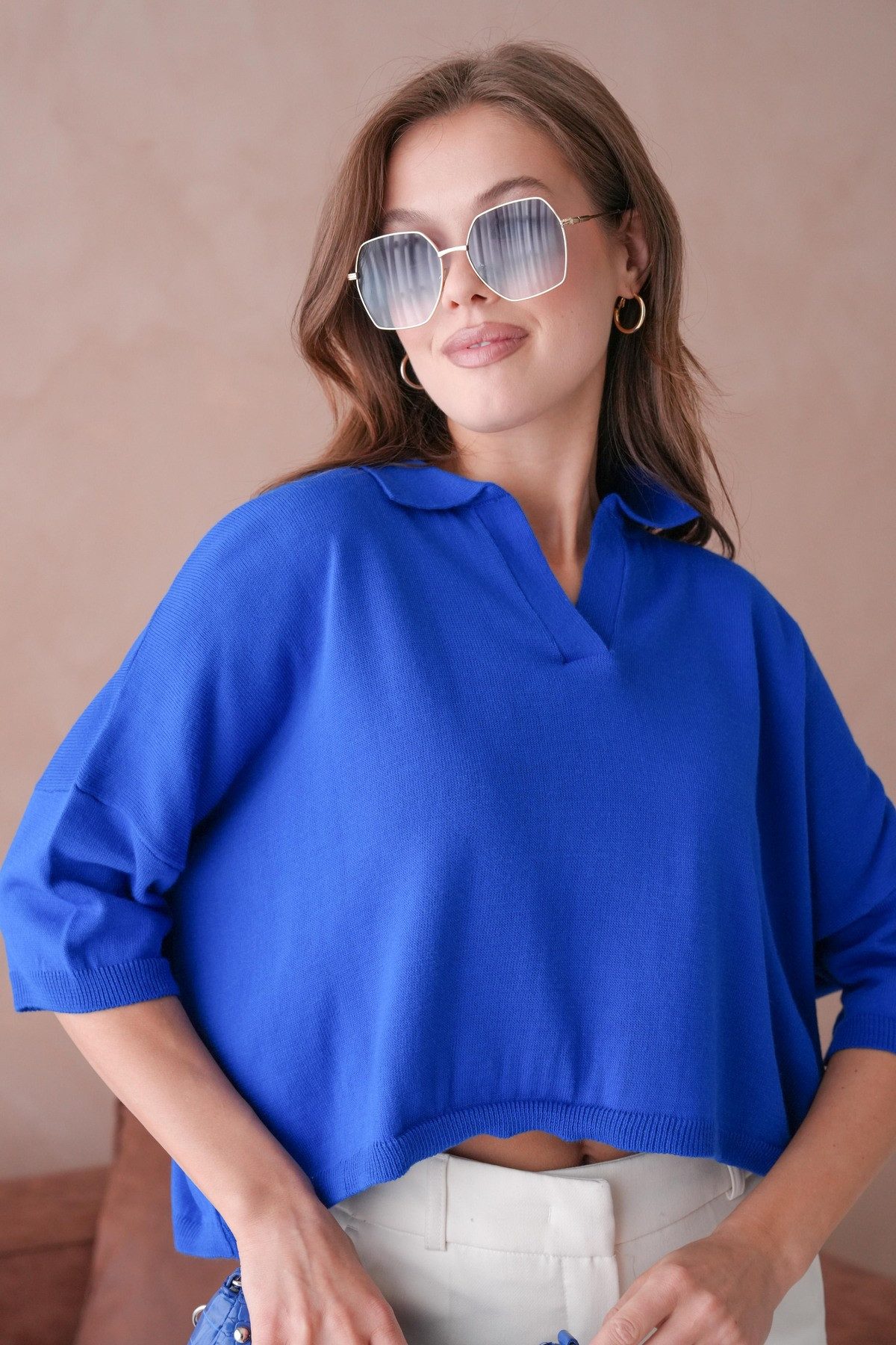 WOMAN VISION Blusentop Oversize-Crop-Damenbluse mit Polokragen
