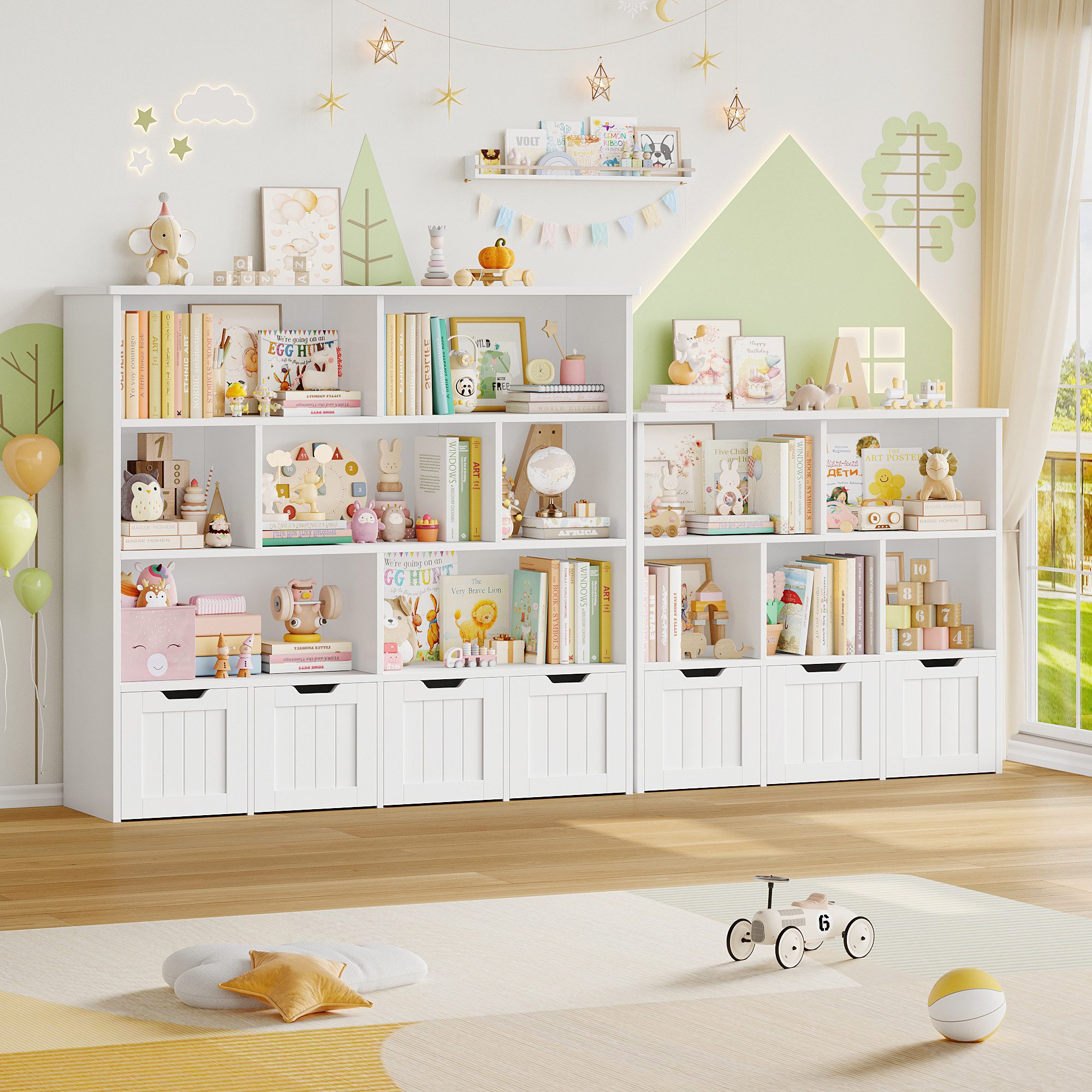 Homfa Kinderregal mit 4 Spielzeugkisten auf Rollen, Spielzeugregal mit 7 offenen Fächern Spielzeugtruhe 125x118x33cm weiß – Bild 5 von 5