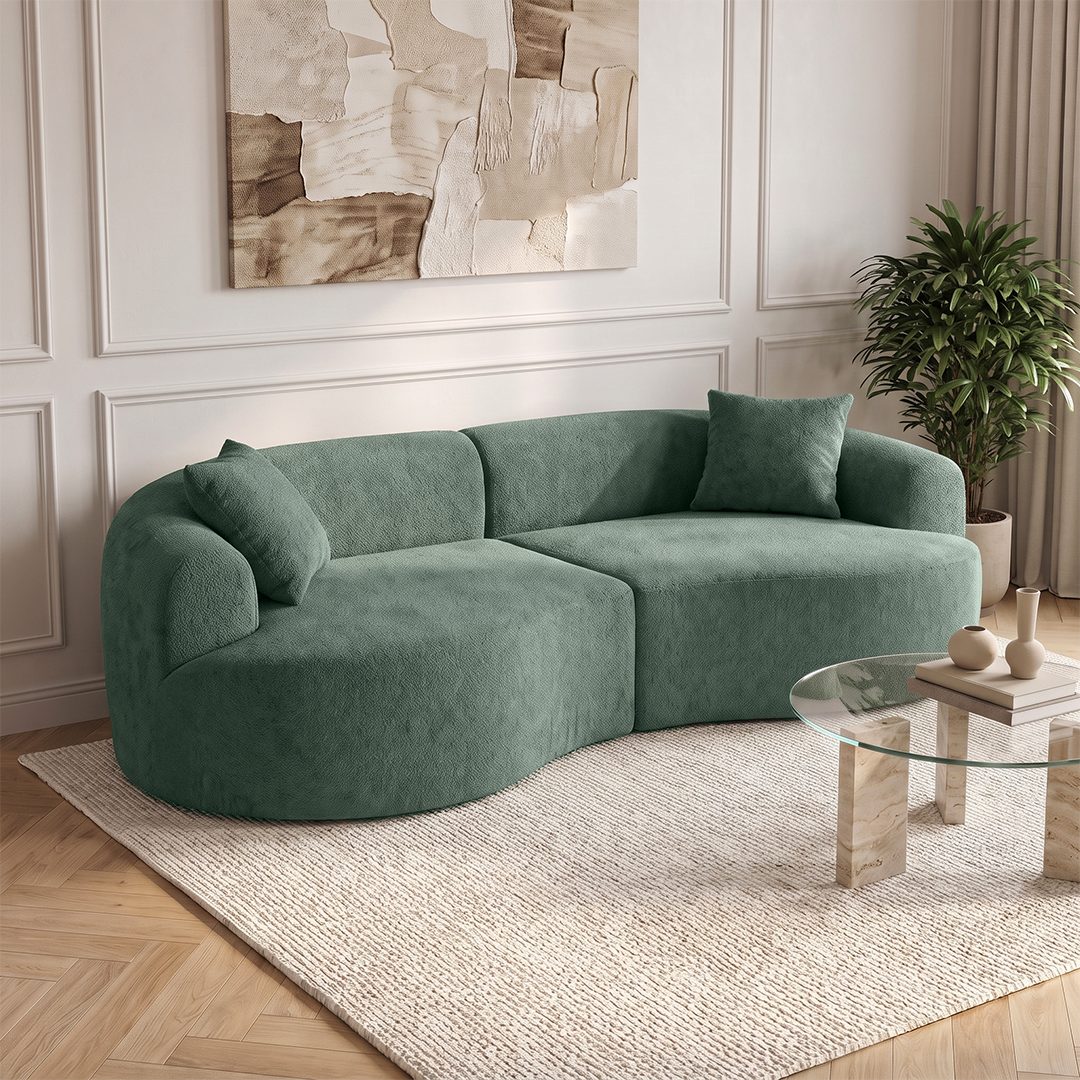 skølm Sofa Loki aus Teddy-Bouclé-Stoff, Vollschaumcouch mit Vakuum-Kompression, Dunkelgrün, Couch 2 Sitzer mit 2 Kissen, kein Aufbau notwendig