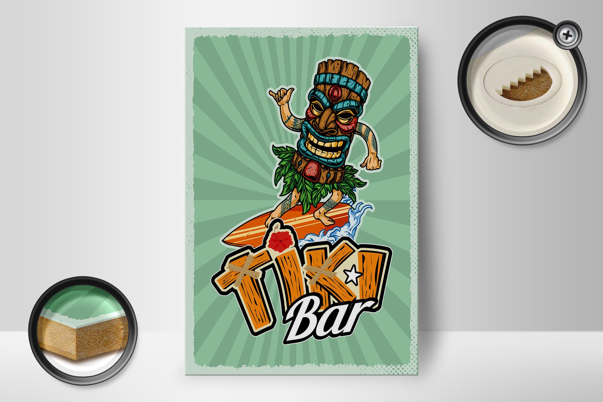 Femer GmbH Holzbild Hinweis 12x18 cm Tiki Bar Surfer, (1 St), Glatte Holzfaserplatte (MDF), vorn beschichtet