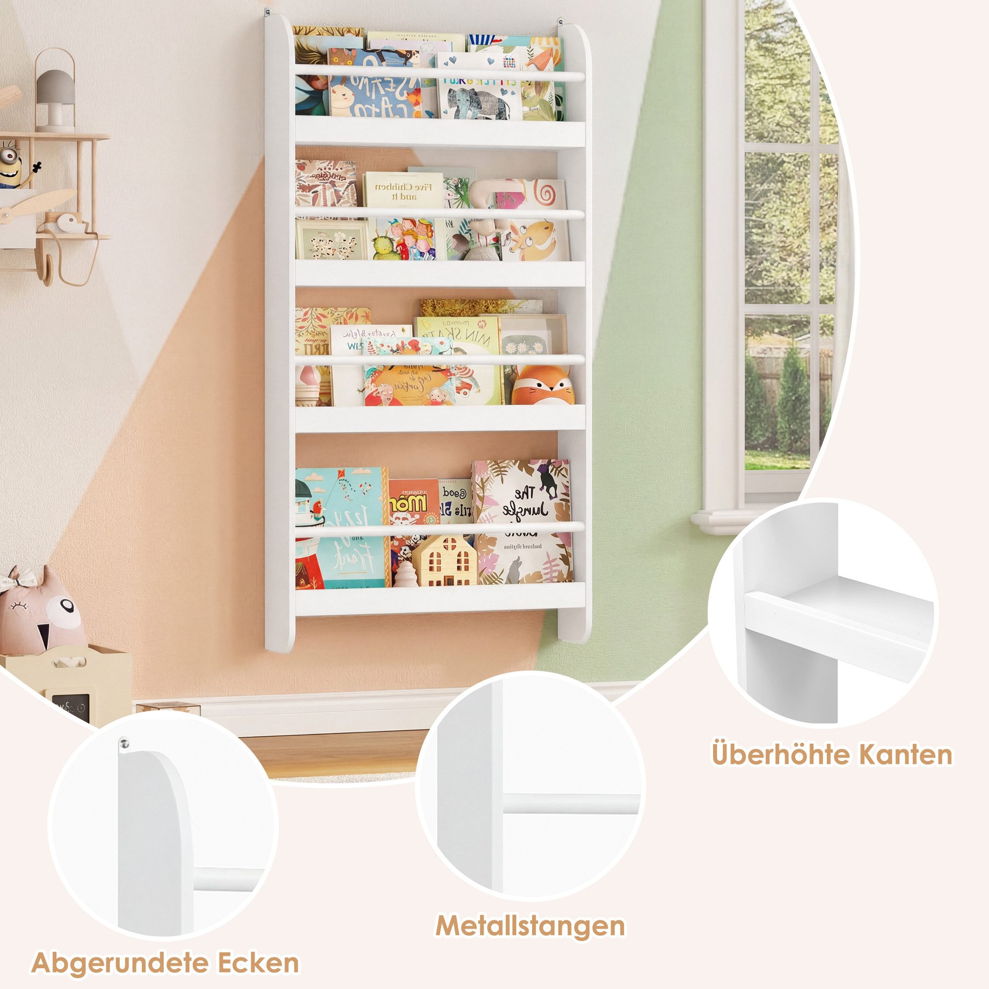 Homfa Kinderregal Kinderbücherregal Wandregal, Bücherregal mit 4 Ablagen aus Holz 112x58x12 cm – Bild 4 von 5