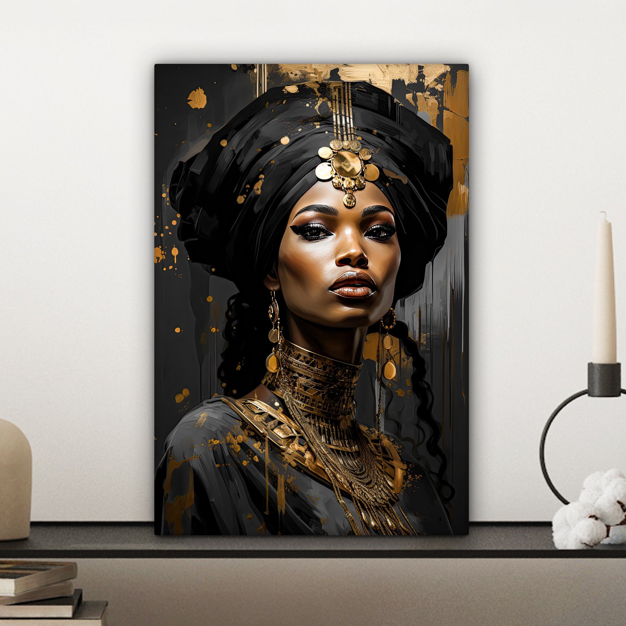 Schwarz (1 Frau - Leinwandbild 20x30 cm Gold St), Zackenaufhänger, - Porträt, - bespannt Leinwandbild inkl. Luxus - Gemälde, OneMillionCanvasses® fertig