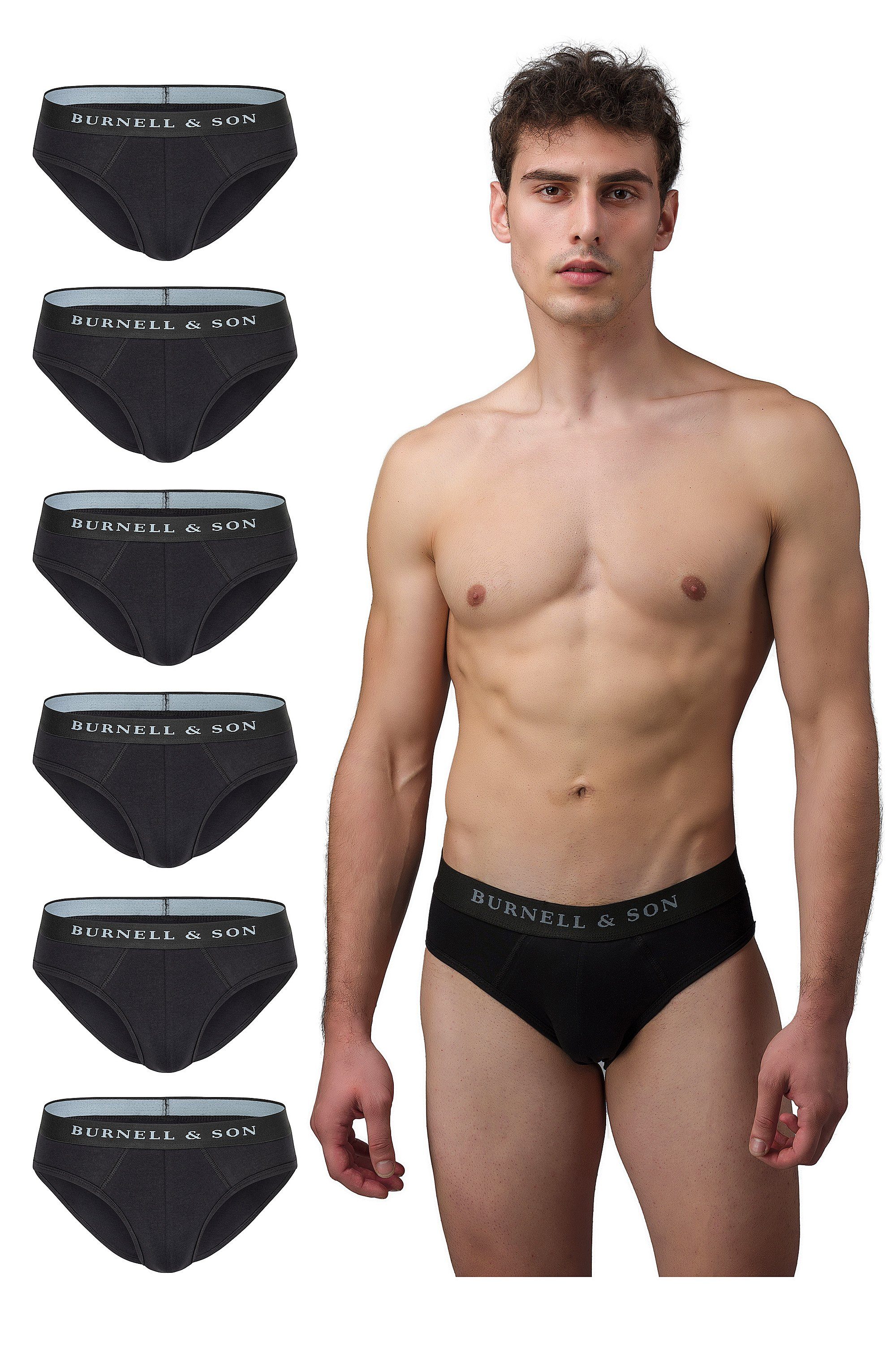 Burnell & Son Slip Herrenslips Unterhosen für Herren (Packung, Set, Spar-Pack, Spar-Packung, 6-St., 6er-Pack) aus Baumwolle mit Komfortbund Schwarz