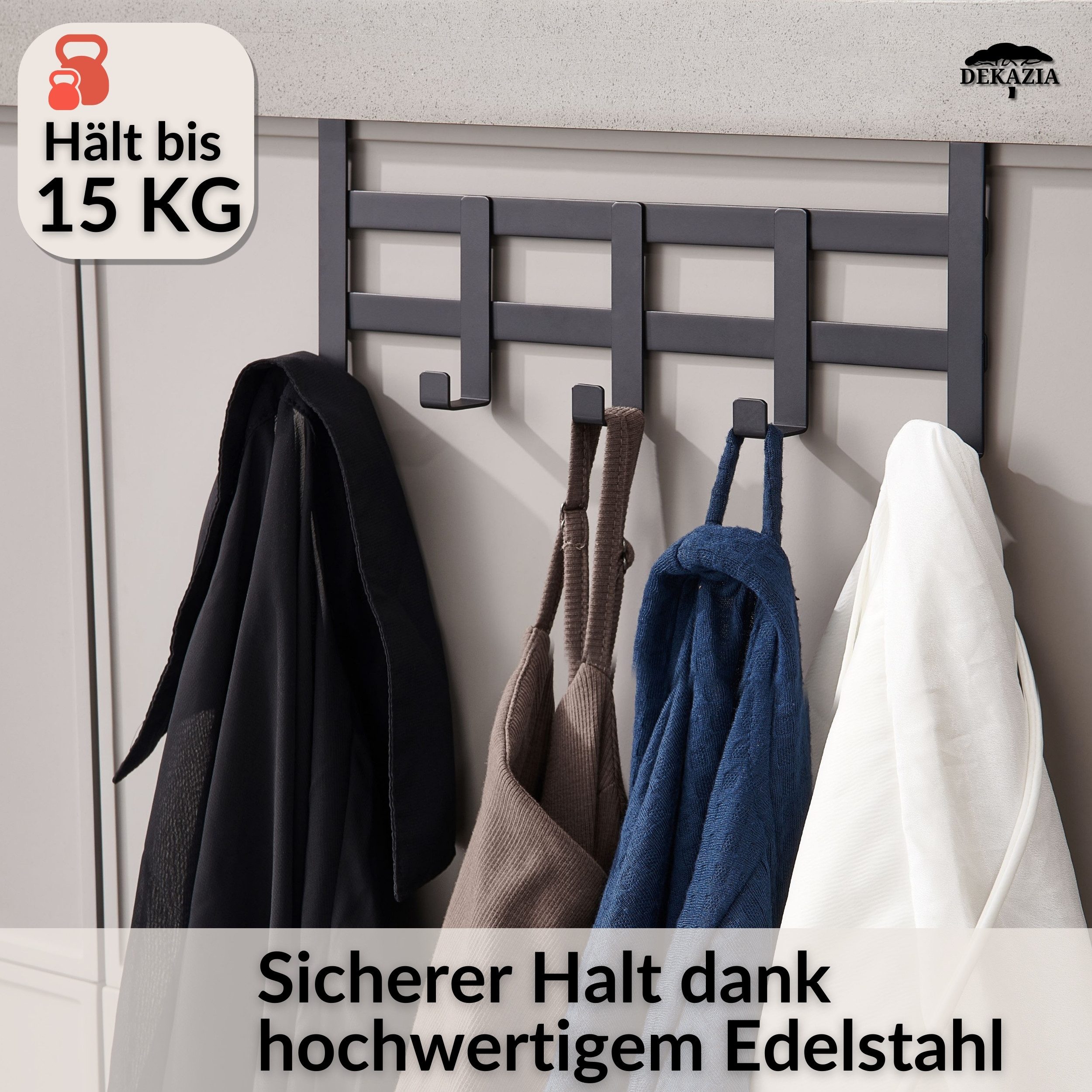 DEKAZIA Türgarderobe Kindergarderobe Tür Garderobe Türhaken Haken Tür, Kinderzimmer, Garderobe, Haustür, Zimmertür, Schranktür, Flur, Bad, Badezimmer, Schubladen, (Inkl. Filzpads, für alle gängigen Zimmertüren, Schranktüren, 4 Farben), zum Einhängen Kinderzimmer Handtuchhalter Garderobenleiste