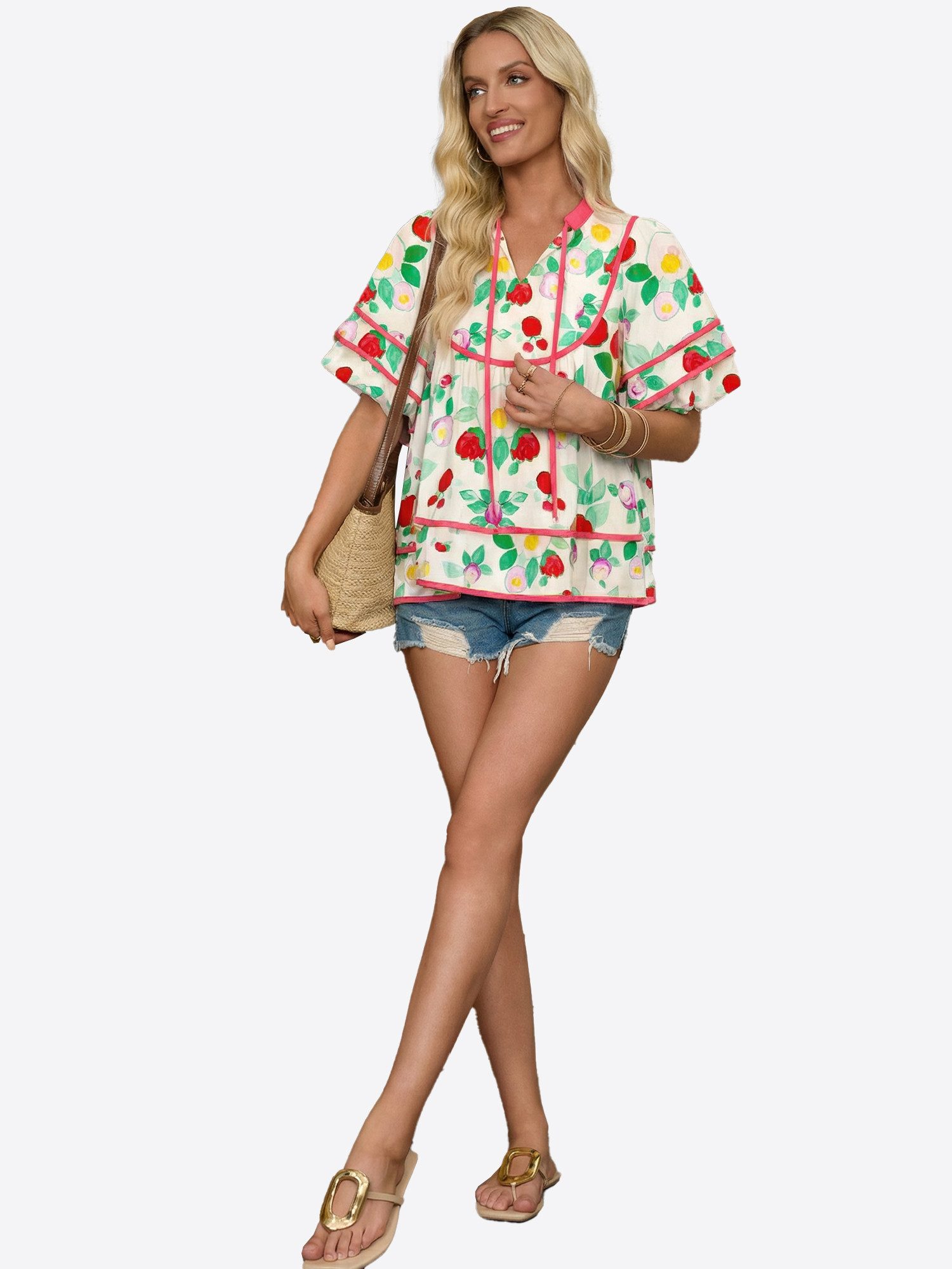 Imily Bela Kurzarmbluse Damen Babydoll Tops mit Blumenmuster (Packung, 1-tlg., 1per-Pack) mit V-Ausschnitt – Bild 4 von 5