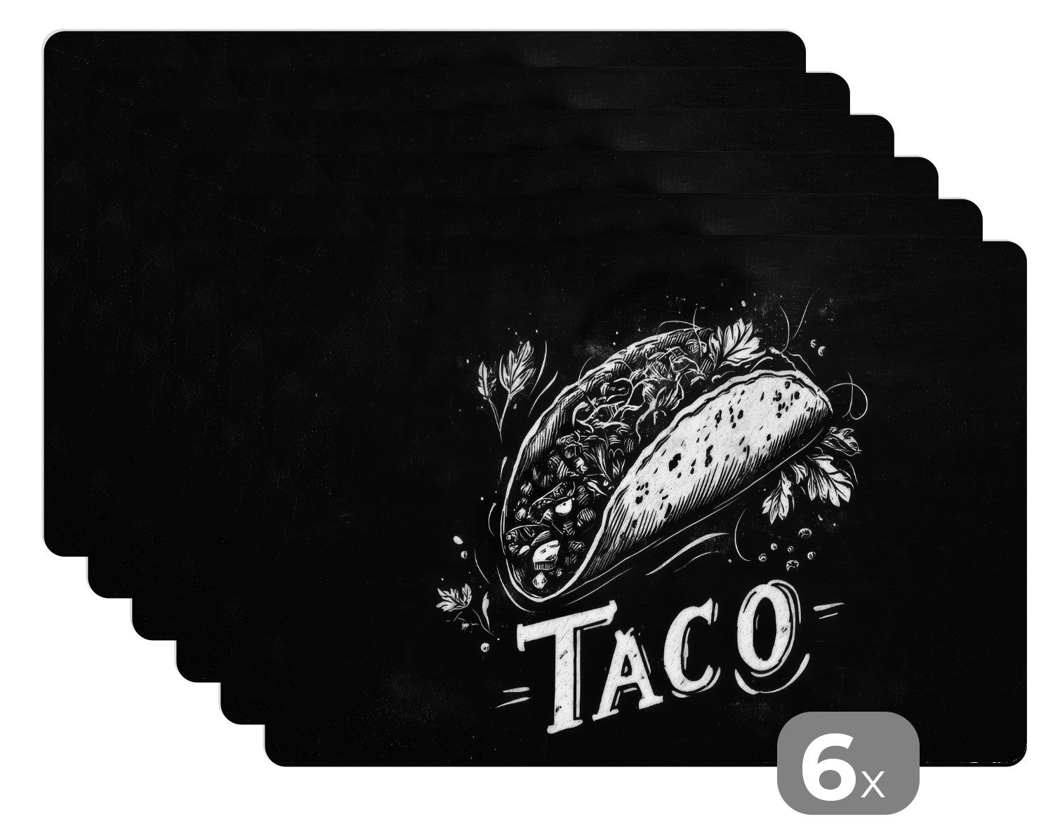 MuchoWow Platzset Taco - Kräuter - Weißer Kreidestil - Text, (6-St), Platzsets, Tischset, Abwaschbar, Tischsets, Platzdeckchen
