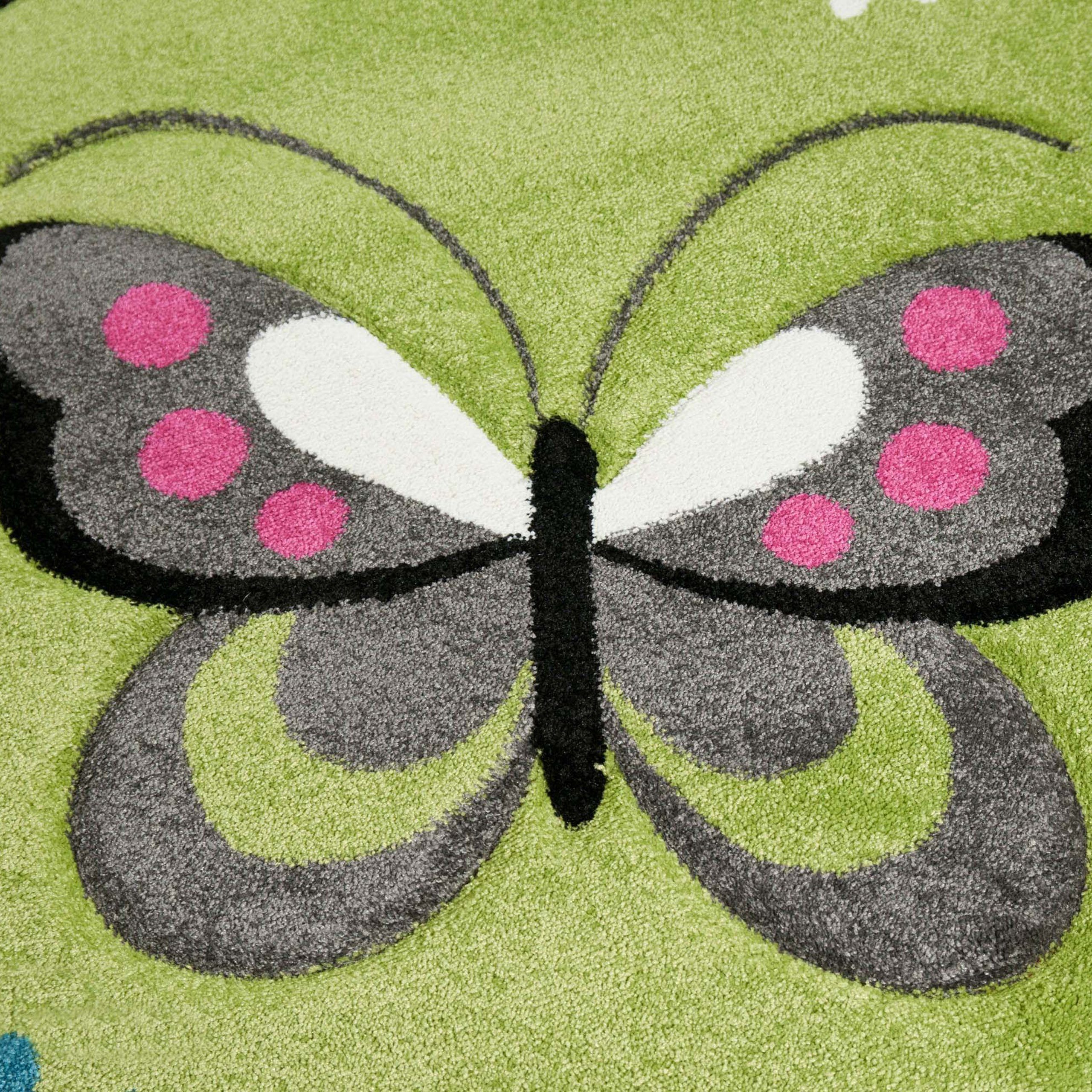 TeppichHome24 Kinderteppich Kinderteppich Schmetterling Design Grün Pink Grau Türkis Weiss, rechteckig, Höhe: 13 mm – Bild 2 von 5