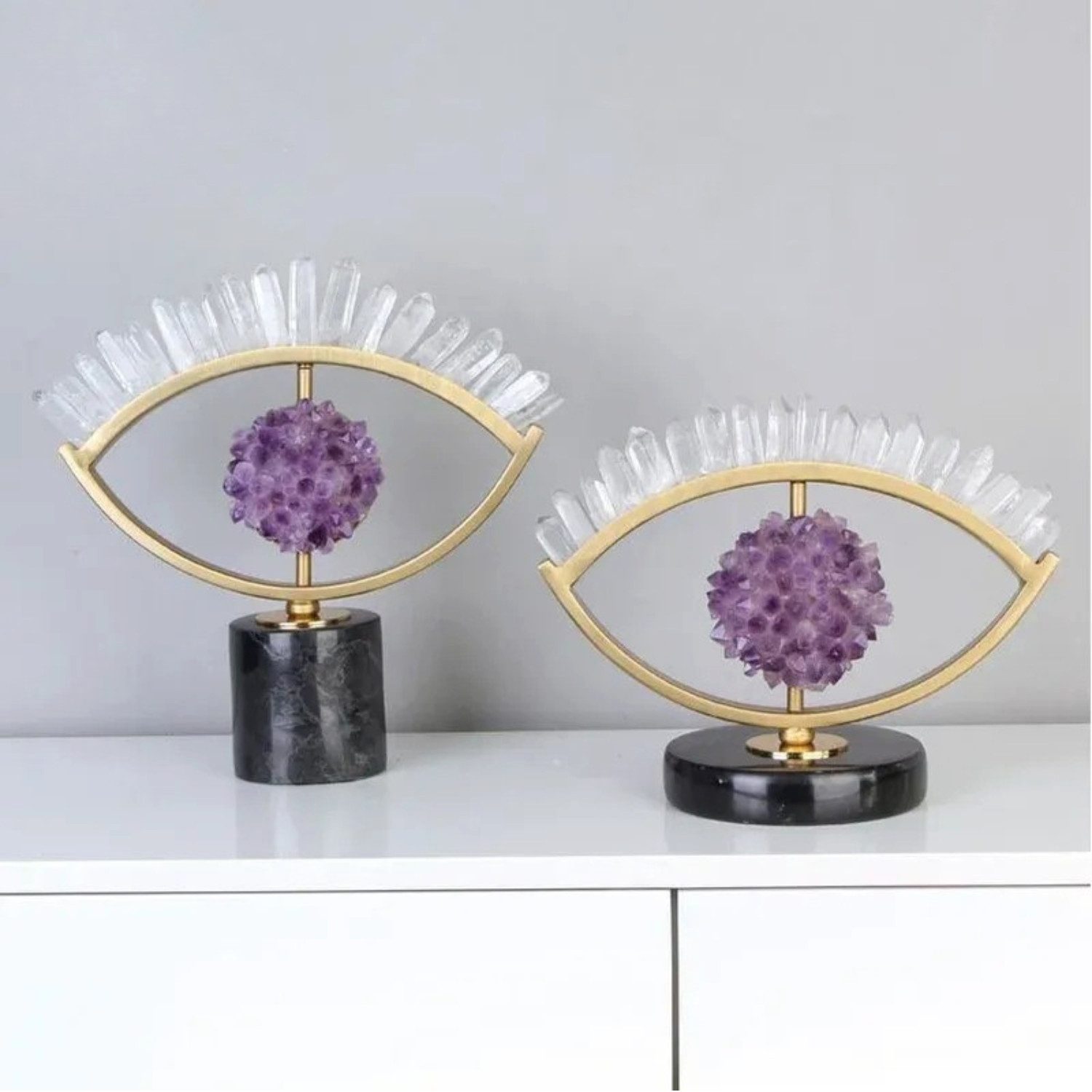Quality Elegance Skulptur 2er Set Luxus Amethyst Skulpturen Gold Auge Marmor Deko (2 St)