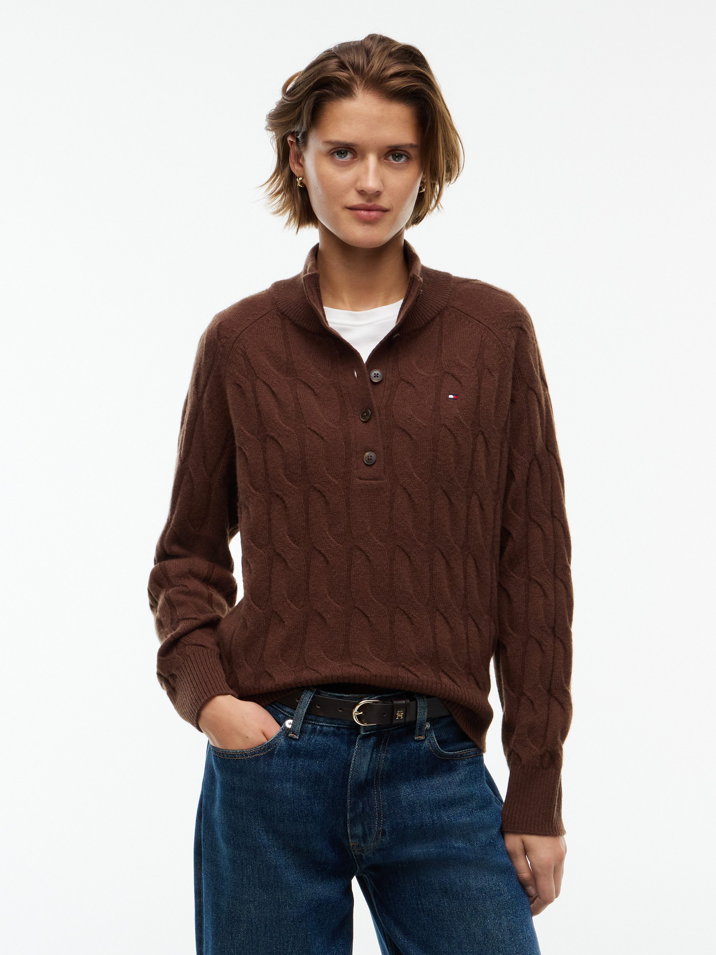 Tommy Hilfiger Strickpullover SOFT WOOL CABLE MK-NK HENLEY Wolle, mit Zopfmuster
