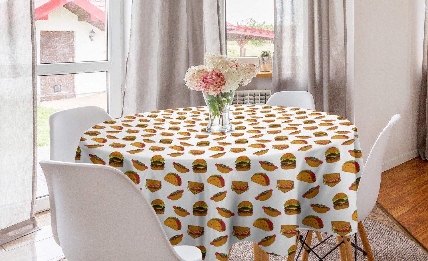 Abakuhaus Tischdecke Kreis Tischdecke Abdeckung für Esszimmer Küche Dekoration, Fast Food Burgers Sandwiches Sketch