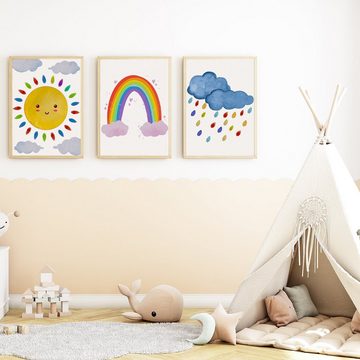 Tigerlino Poster Wolken Sonne Regenbogen 3er Set Kinderzimmer Wandbilder Dekoration