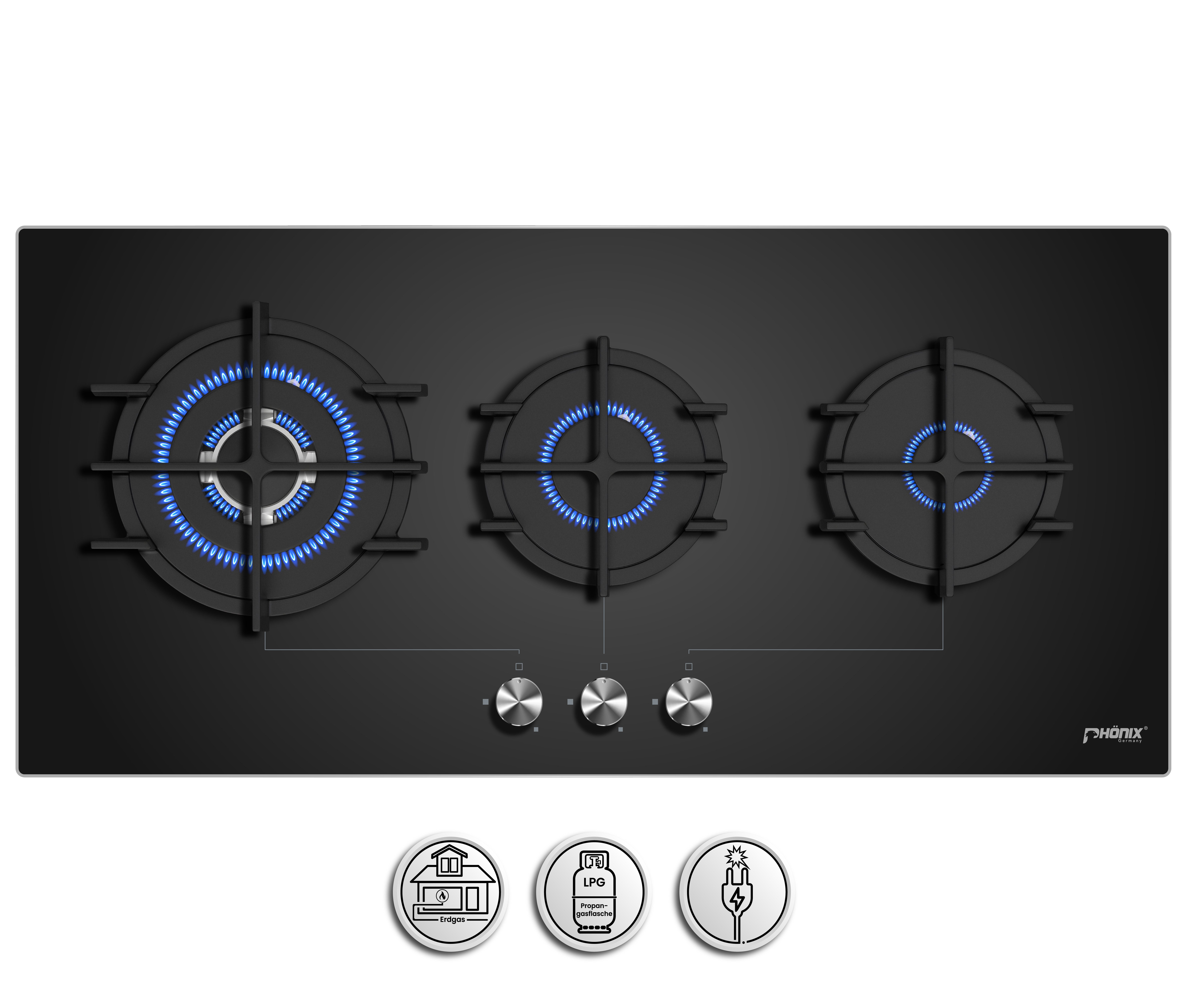 Phönix Germany Gas-Kochfeld PG-903L, Gaskocher 3 flammig mit Zündsicherung, Propan- / Erdgas, H-Gas