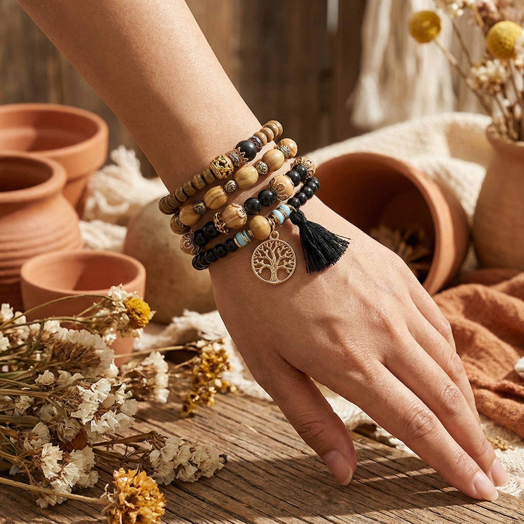 The Beauty House Armband Boho Vintage Armband Set mit Holzperlen, – Natürliches Layering Schmuck-Set mit Lebensbaum Anhänger – Bild 2 von 3
