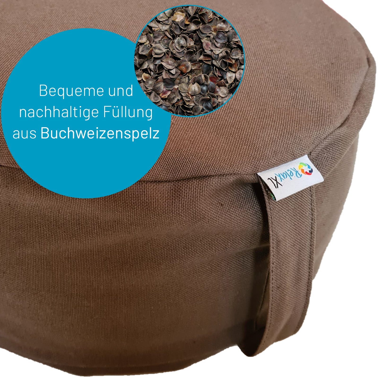 Buchweizenfüllung RAYA, Meditationkissen Yogakissen 30x15cm RelaxXL Braun