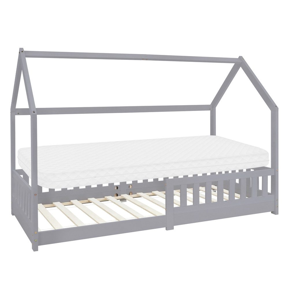ML-DESIGN Spielbett Hausbett Kinderbett inkl. Lattenrost kreativ Bodenbett für Kinder, Abenteuerbett mit Rausfallschutz Kiefer Hellgrau Himmelbett Bettenhaus