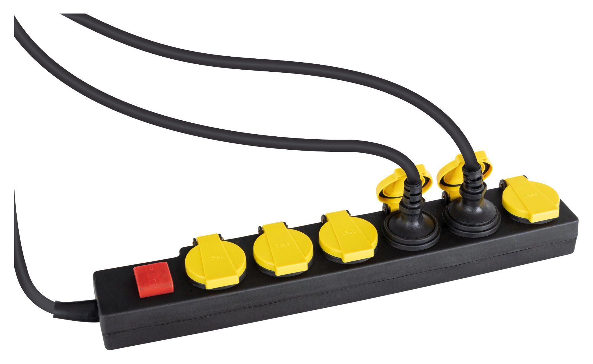 Stagecaptain 6-fach (Ein- / Ausschalter) Garten-Steckdosen Steckdosenleiste 6-fach (Fremdkörper- und spritzwassergeschützt, Schutzklasse IP44, Kabellänge 1,5 m), mit Klappendeckel, staub- und spritzwassergeschützt