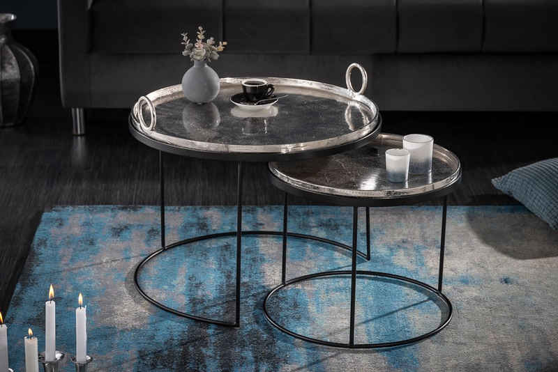 riess-ambiente Couchtisch »ELEMENTS 62cm silber / schwarz« (2er Set), Wohnzimmer · Metall · orientalisch · rund · abnehmbare Tischplatte