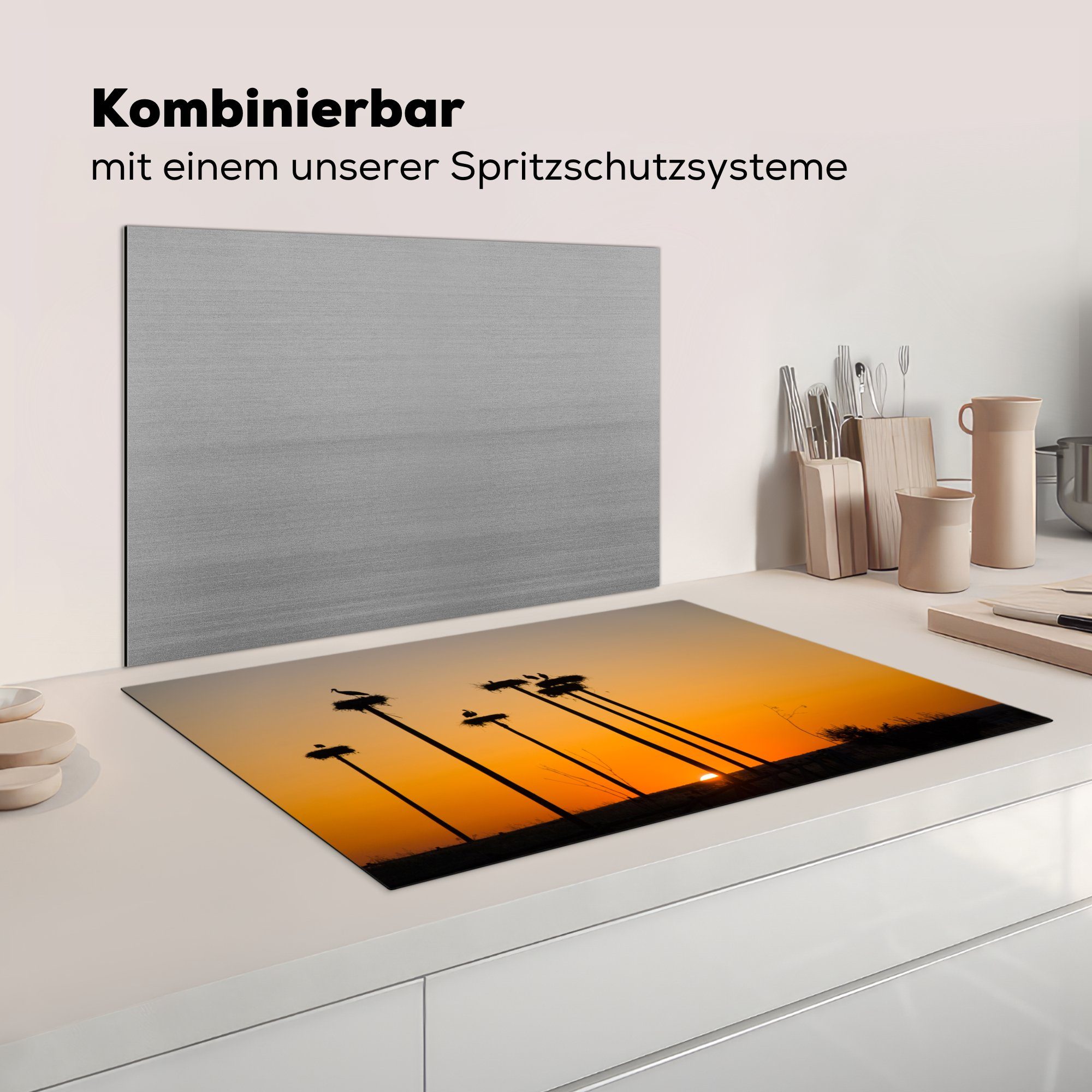 Ceranfeldabdeckung Herdblende-/Abdeckplatte 81x52 Silhouetten und Vinyl, MuchoWow einem Induktionskochfeld vor (1 Schutz die cm, küche, Störchen von für Nestern tlg), Sonnenuntergang,