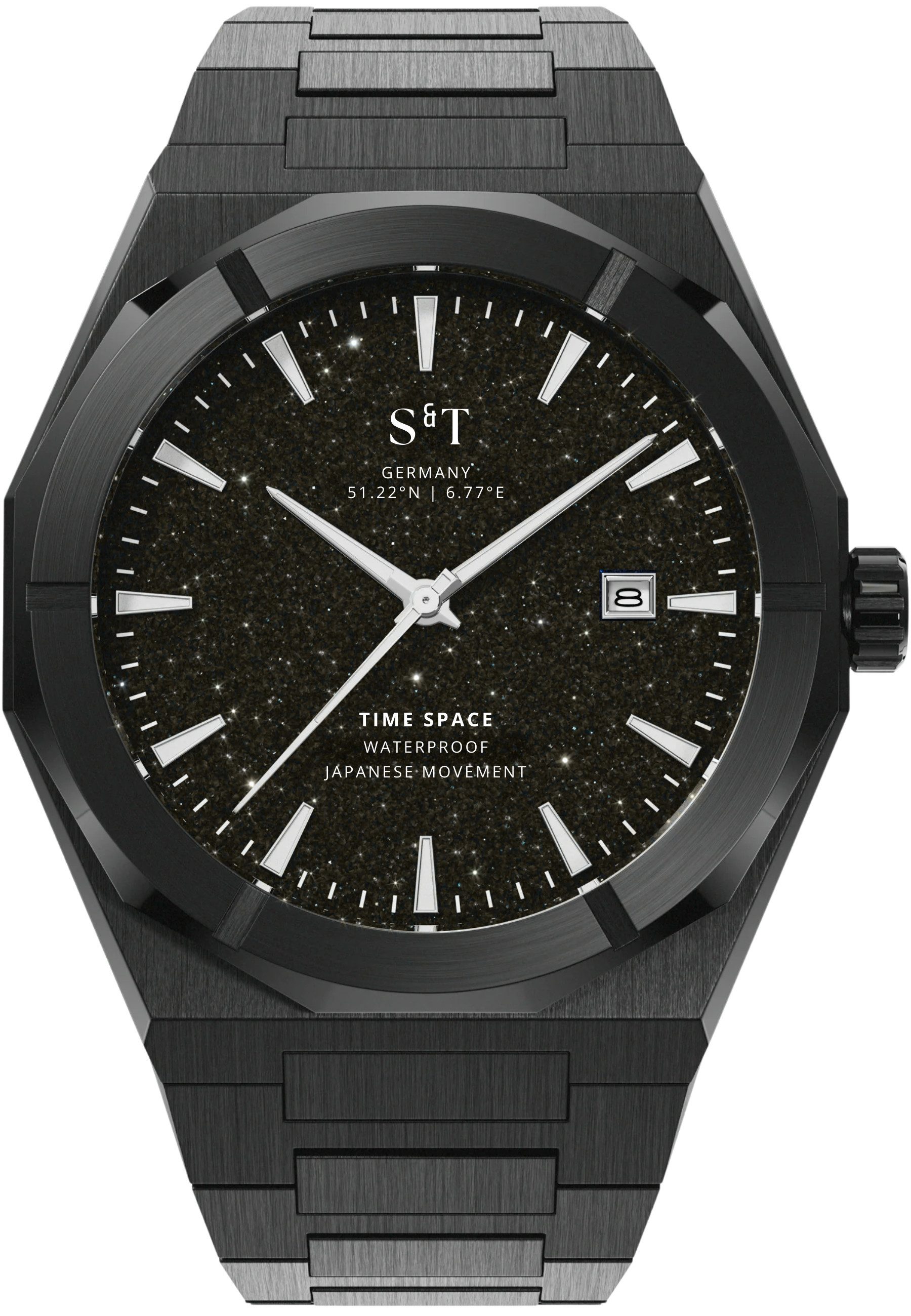 S&T Design Quarzuhr Armbanduhr Herrenuhr Frosted Iced Edelstahl Datum TIME SPACE, (inkl. Uhrenbox, Armbandkürzer), Japanisches Quarzwerk 40mm Leuchtzeiger Sternenhimmel Geschenkbox