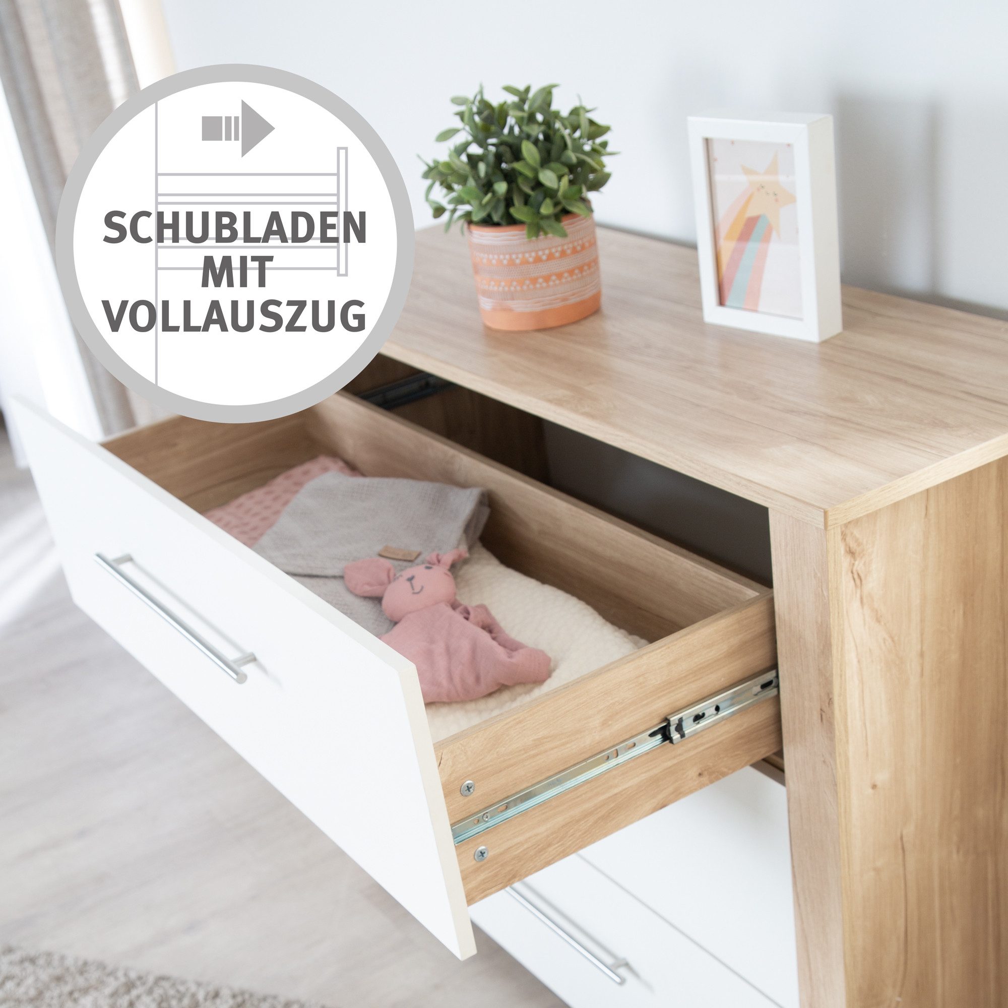 roba® Malo 3-piece baby room complete set (set, cot 70 x 140 cm, changing table, wardrobe), made of wood with metal handles