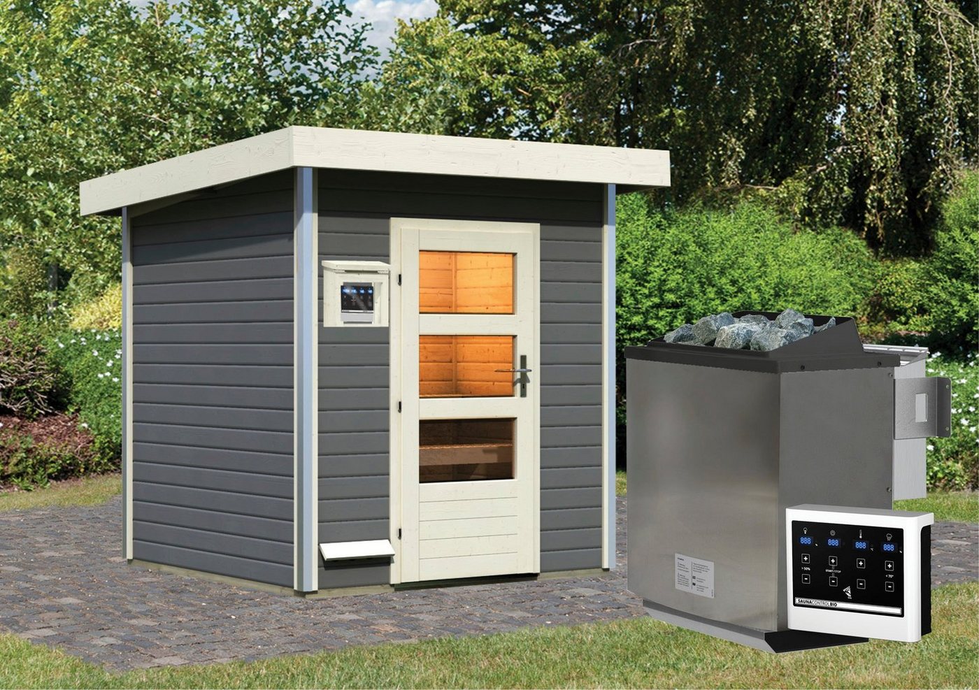 Thumbnail - Karibu Saunahaus Klaas, BxTxH: 196 x 196 x 228 cm, 38 mm, (Set) moderne Tür, Ofen 9 kW Bio externe Strg easy