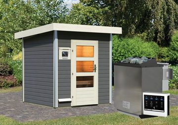 Karibu Saunahaus Klaas, BxTxH: 196 x 196 x 228 cm, 38 mm, (Set) moderne Tür, Ofen 9 kW Bio externe Strg easy