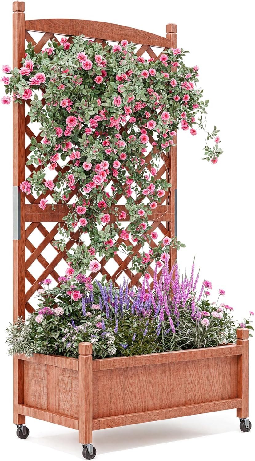 GarveeMore Blumenkasten 1/2 Stk Erhöhtes hochbeet mit Abflusslöchern und feststellbaren Rollen (1 St), Pflanzkasten aus Holz mit Rankgitter,75x66x156cm für Garten,Balkon
