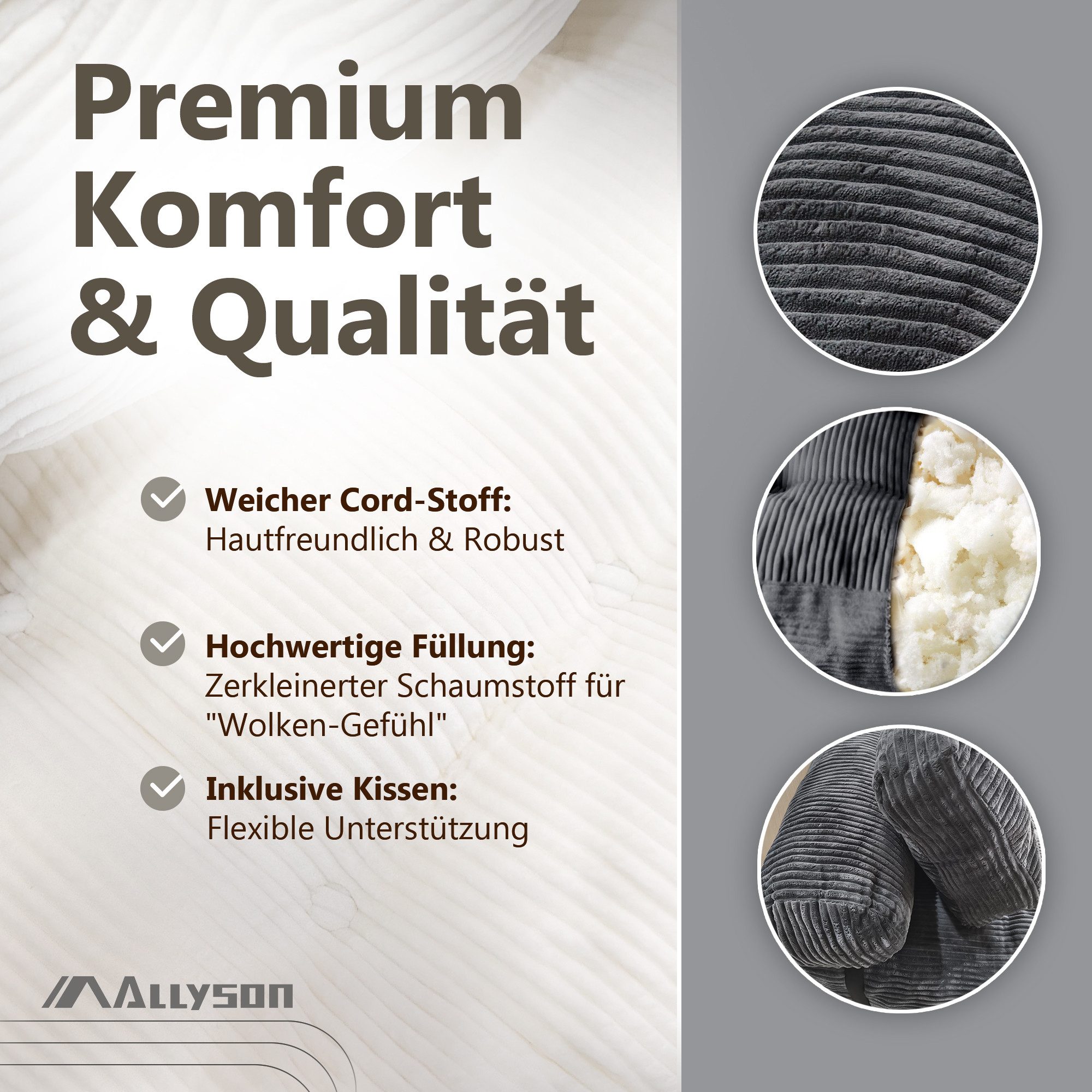 Allyson Schlafsofa Faltbarer Schlafsessel, Klappsessel 3 in 1 Bodensofa mit Rückenstütze, Weicher Cord-Bezug, ergonomische Kissen & bequeme Schaumstoff-Füllung.