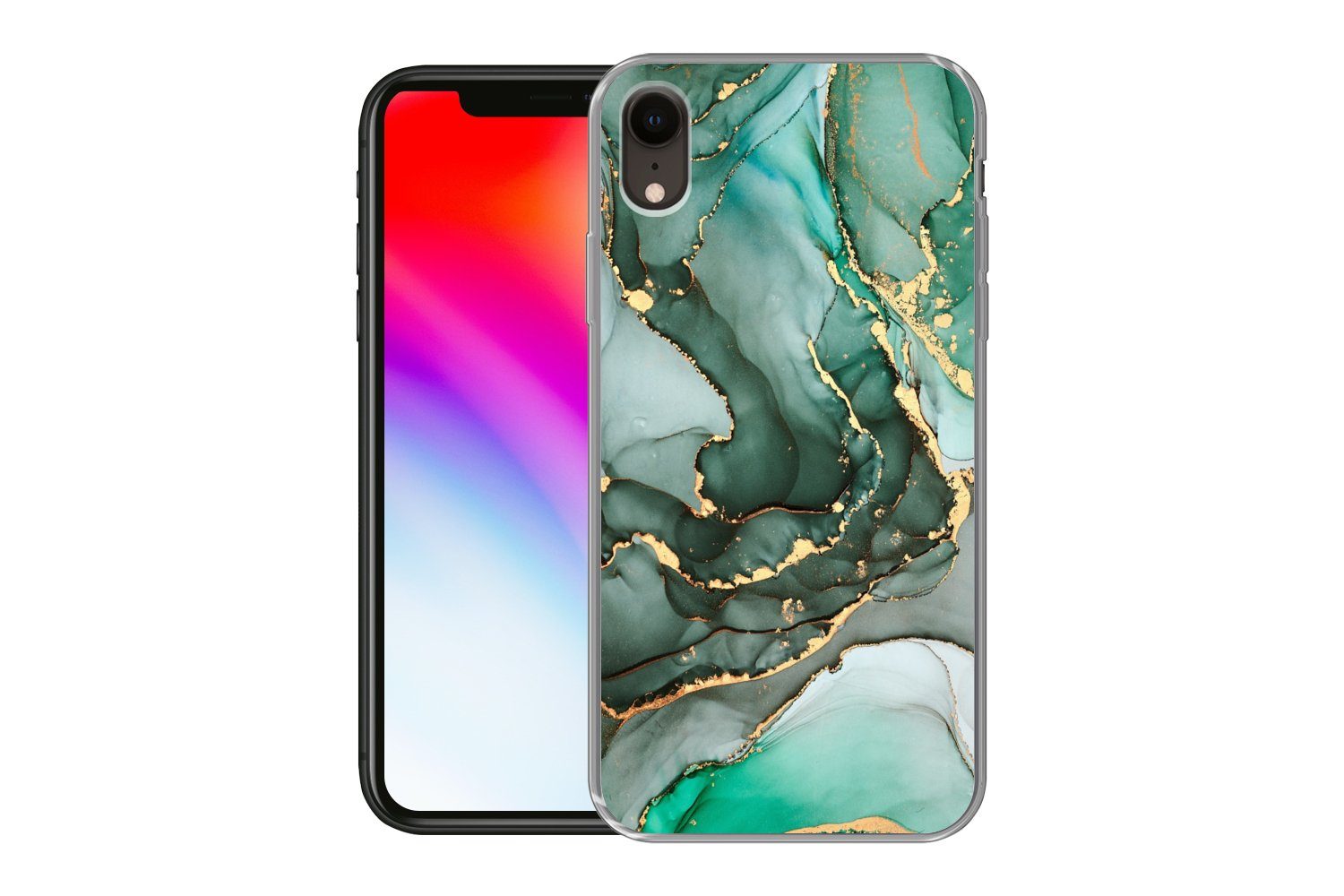 MuchoWow Handyhülle für Apple iPhone XR Gold - Marmor - Grün - Luxus - Marmoroptik - Grau, Smartphone-Bumper, Print, Handy Schutzhülle Dünn