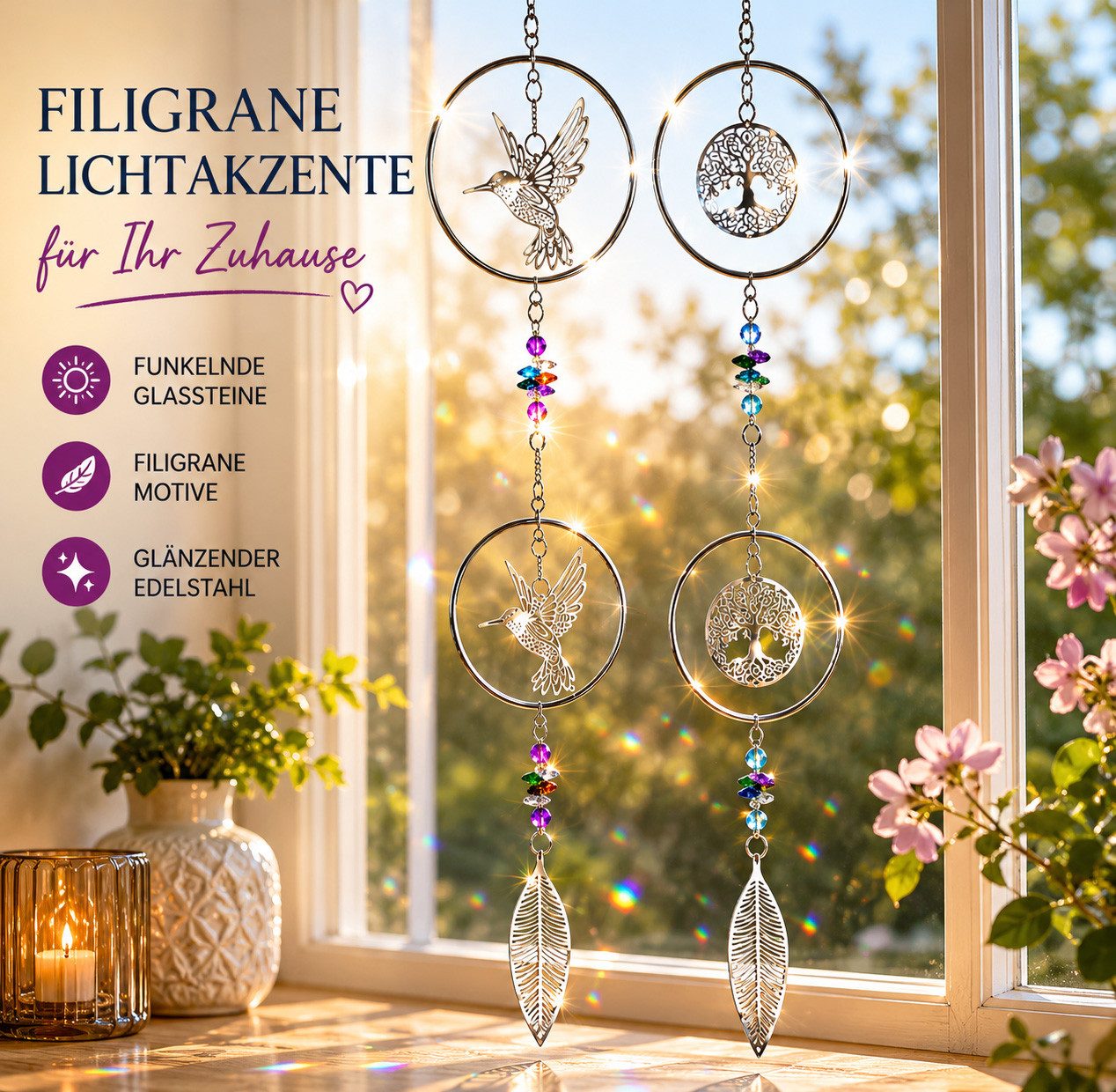 formano Dekohänger 2er Set Fensterdeko Hänger Edelstahl Kreis Hängedeko mit Vogel & Baum (2-er Set)