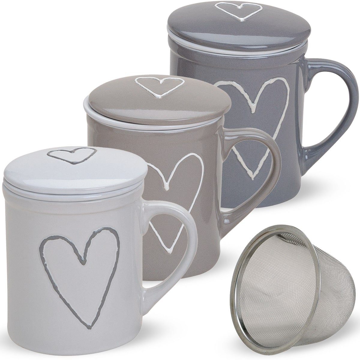 matches21 HOME & HOBBY Tasse Teetassen 2er Set mit Deckel und Teesieb Landhaus-Stil Herzen, Porzellan, Tee Kaffee-Becher Kaffeetassen, klassisch, grau weiss, 300 ml