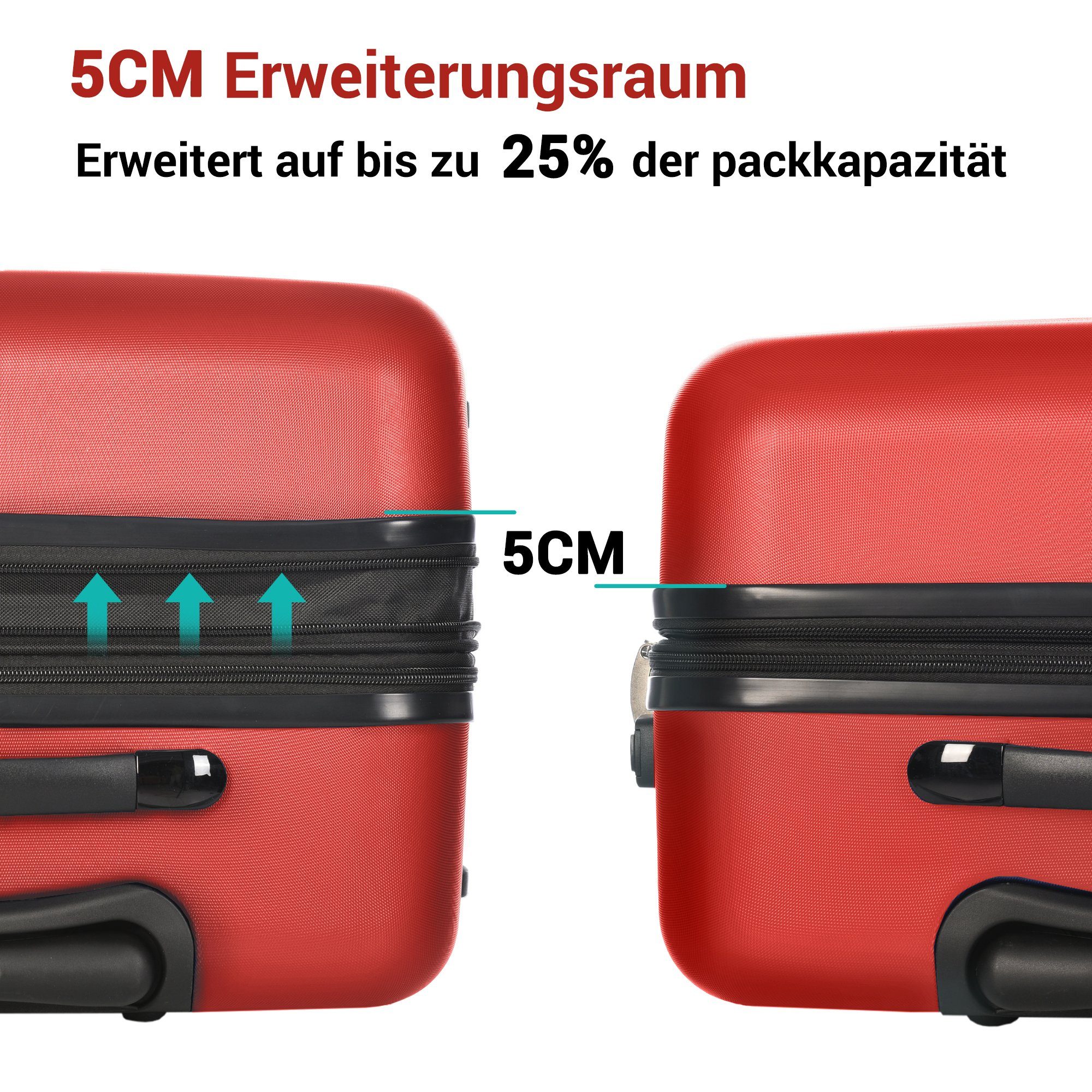 Rollen, und Zahlenschloss, Koffer 51*32*75cm Hartschalen-Trolley, 4 360°-Schwenkrollen Rot mit Sweiko