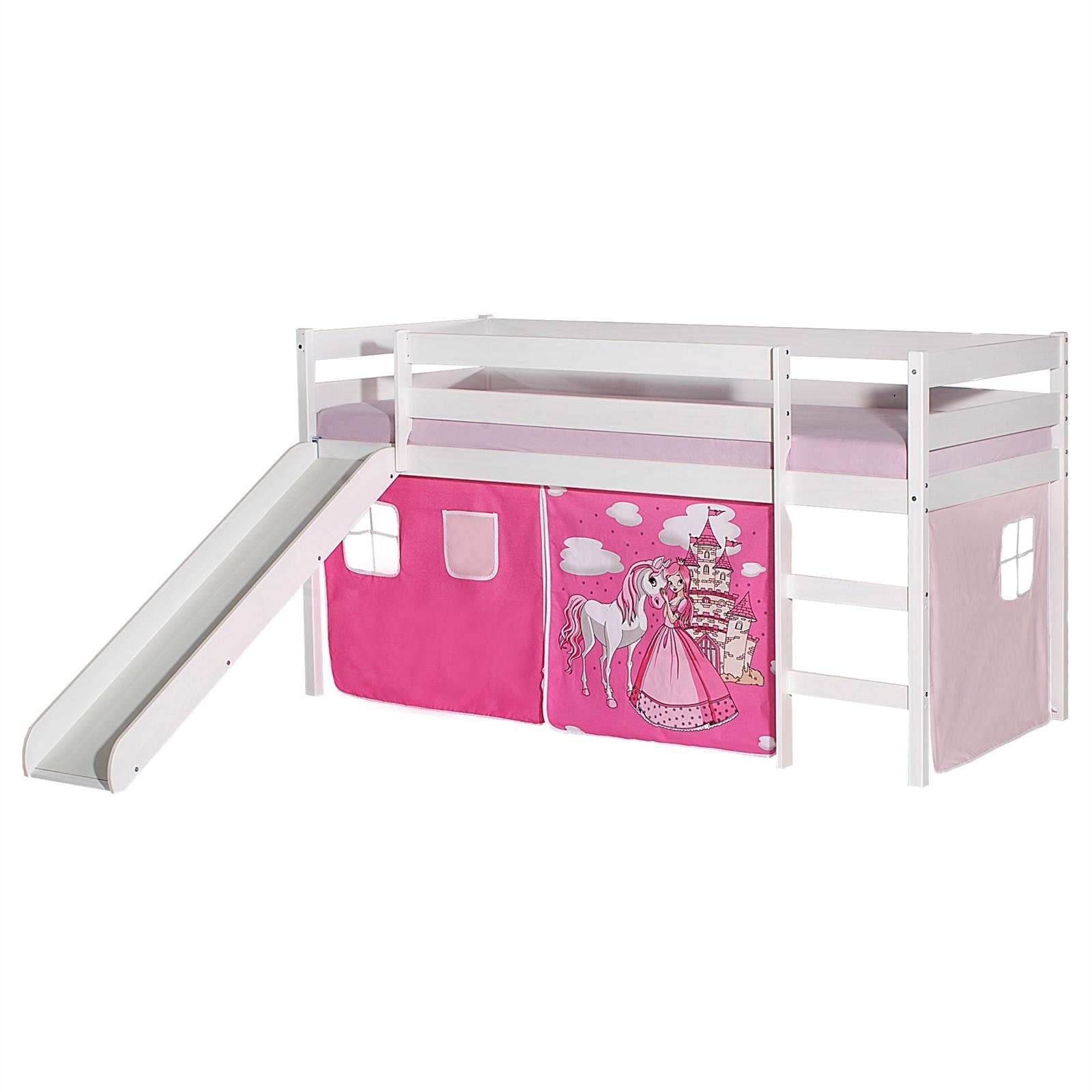IDIMEX Hochbett BENNY Hochbett mit Rutsche weiß mit Vorhang PRINZESSIN in rosa/pink
