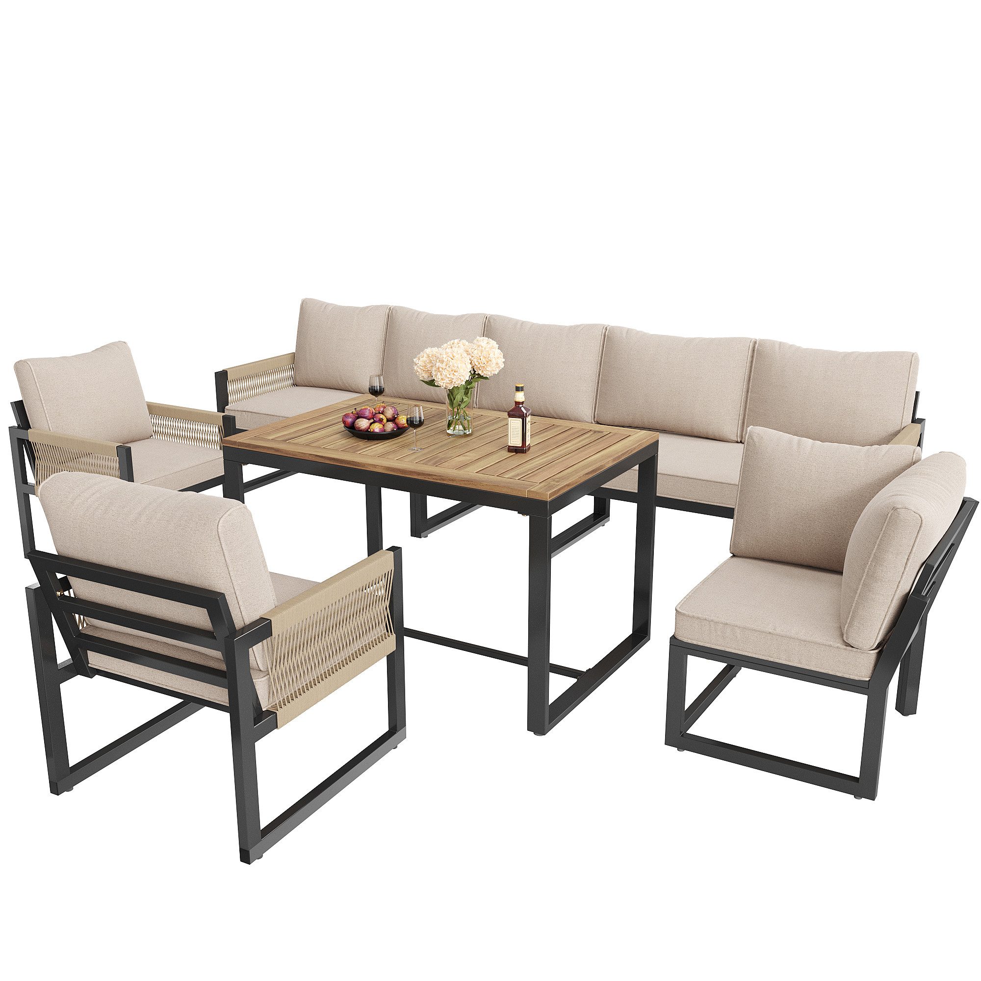 MODFU Gartenlounge-Set wetterfest Sitzgruppe für 7-8 Personen, (Garten-Lounge-Set, Gartenmöbel-Set, Outdoor-Sofa-Set, 6-tlg., Armlehnensofa, Zweipersonen-Sofa, Ecksofa, Armloses Sofa, Kaffeetisch), aus CD-Gewebe aus Polyester