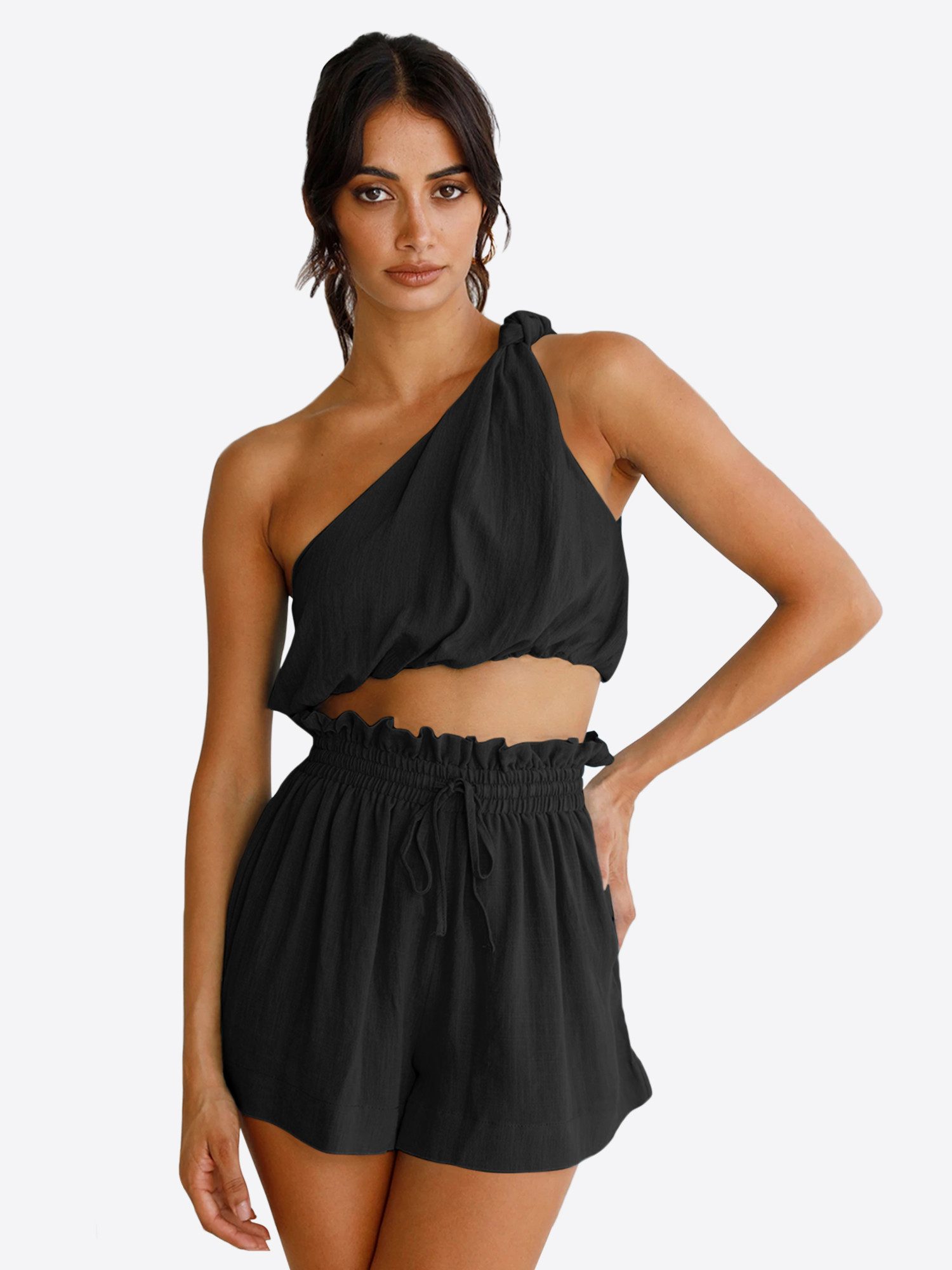 Imily Bela Hausanzug Damen 2-teiliger Sportanzug aus Leinen (Set, 2 tlg., Schulterhemd + Taschenshorts) Schulterfreies