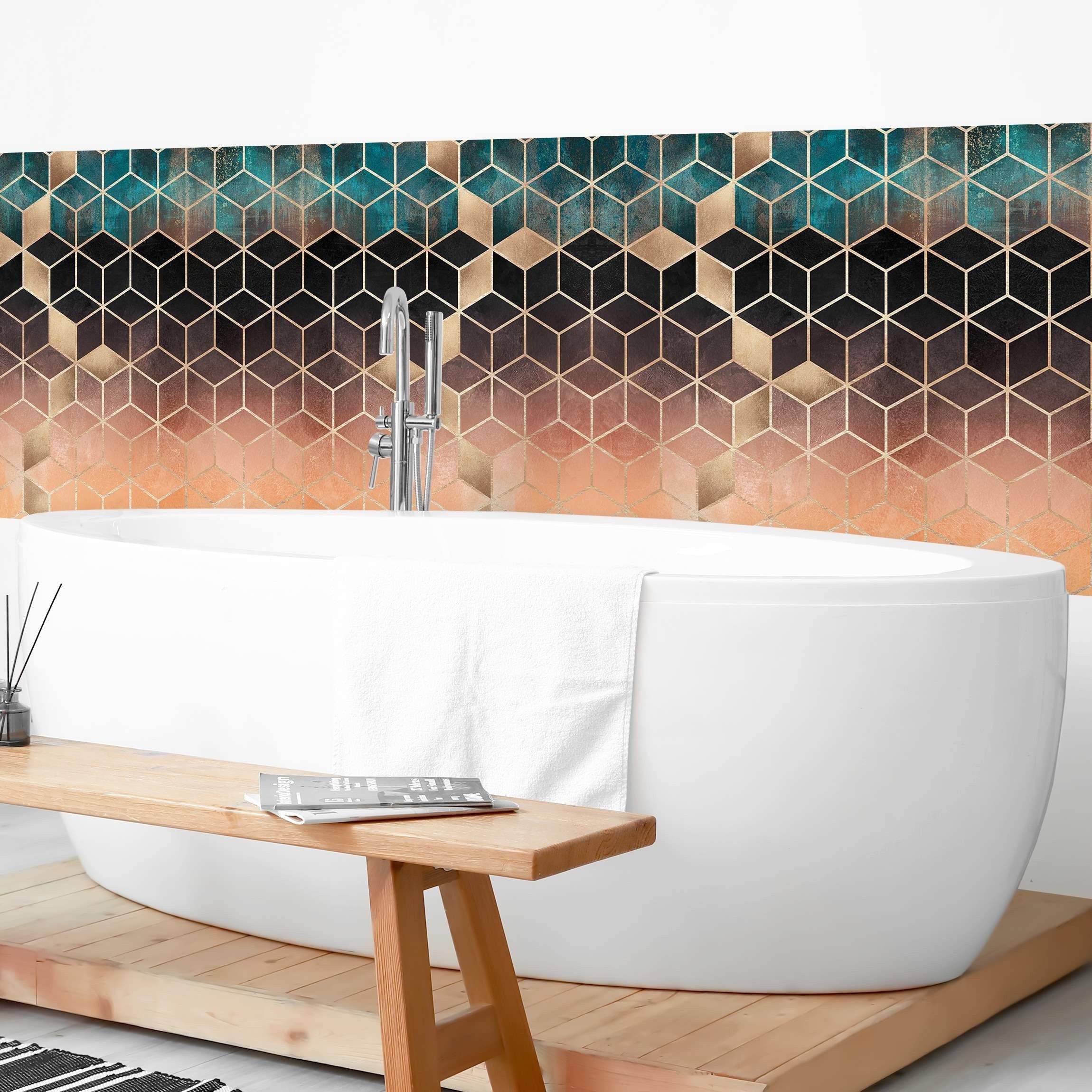 Bilderdepot24 Badrückwand türkis fugenlose Wandverkleidung Bad Abstrakt, (Hartfolie matt » Selbstklebend SMART 0,35 mm), wasserfestes Wandpaneel Türkis Rosé goldene Geometrie II