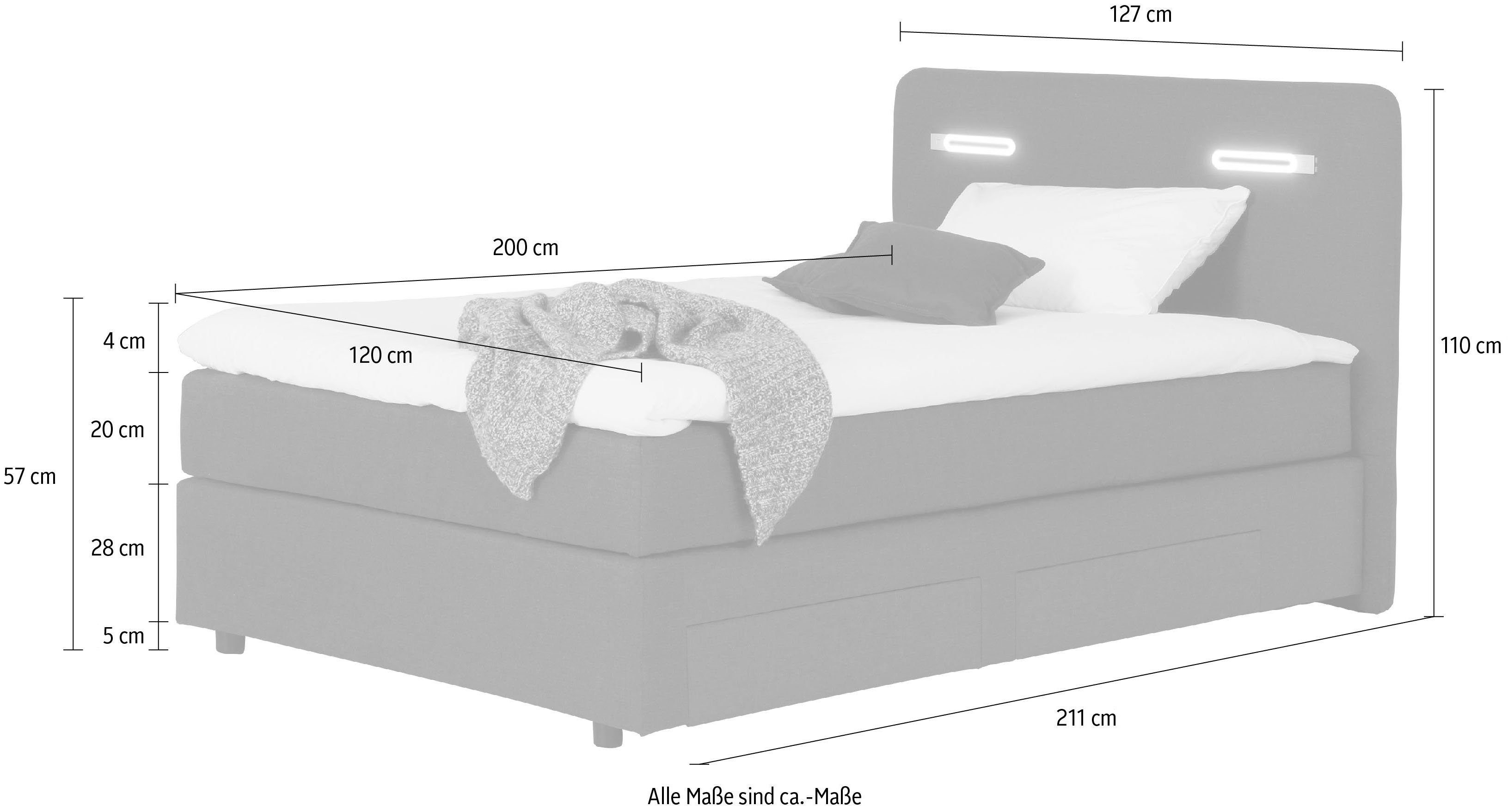 Topper, Breite Boxbett LED-Beleuchtung in und cm Schubkästen, Luan, 180 und INOSIGN 120 cm