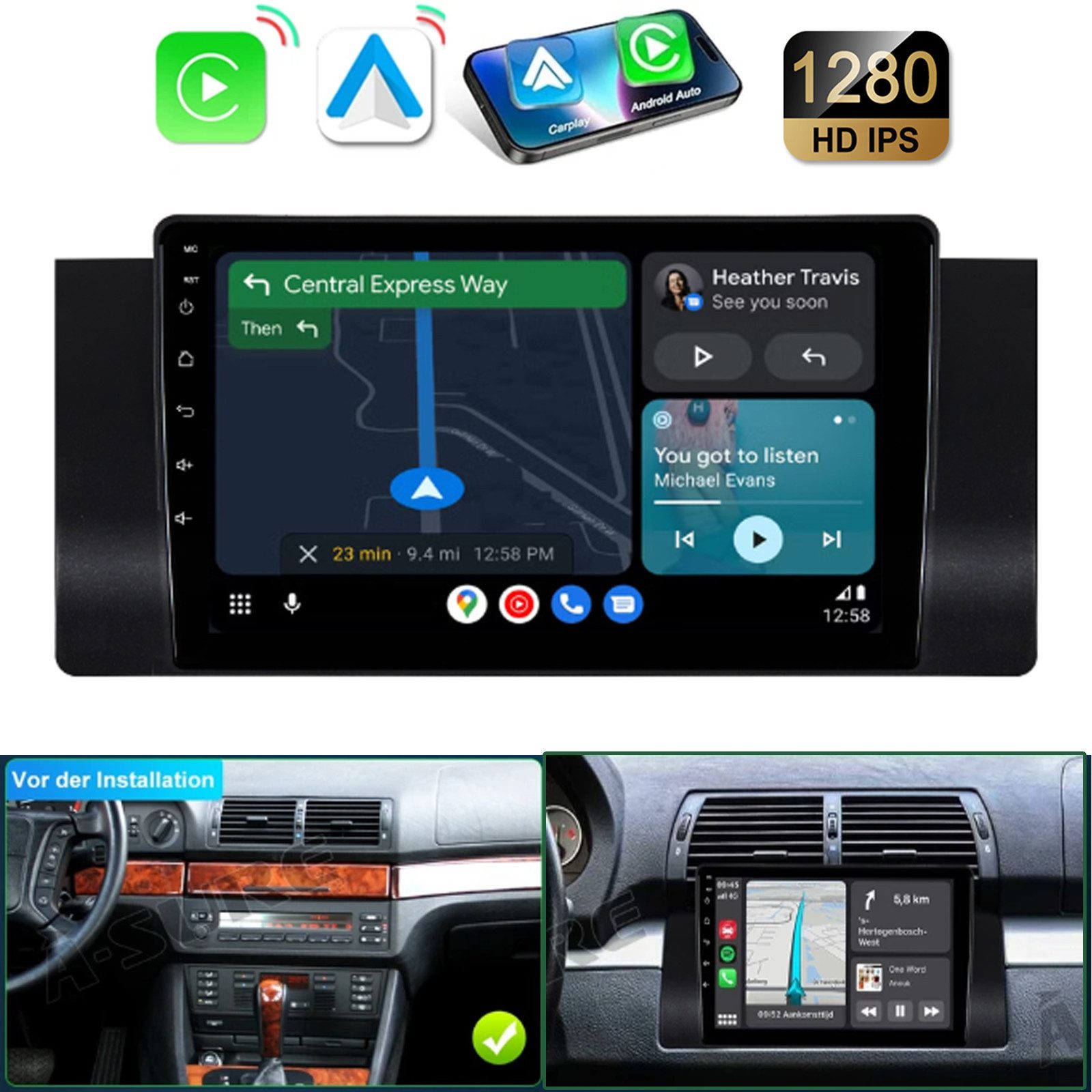 A-Sure 4Core 8Core Android 15 Carplay Navi Für BMW 5ER E39 X5 E53 E38 Autoradio (DSP, RDS, Android Auto, 8Core, Digitalradio (DAB), FM, Apple Carplay, WIFI, 4Core)