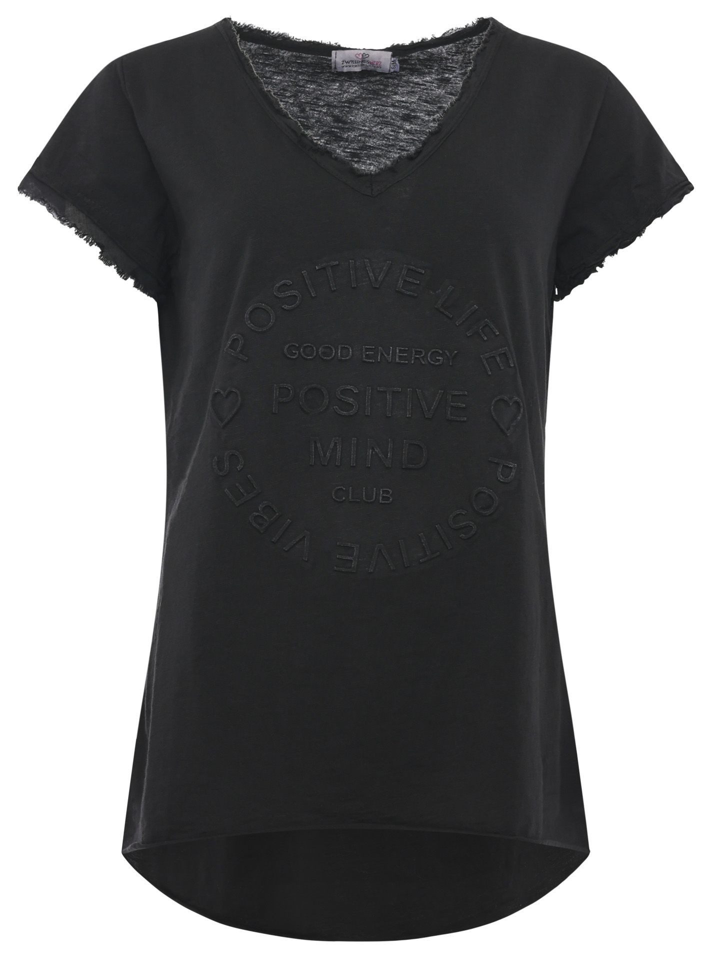 Zwillingsherz T-Shirt "Positive Mind" V-Ausschnitt, Kurzarm, Used-Look, Baumwolle, ausgefranste Kanten – Bild 2 von 4