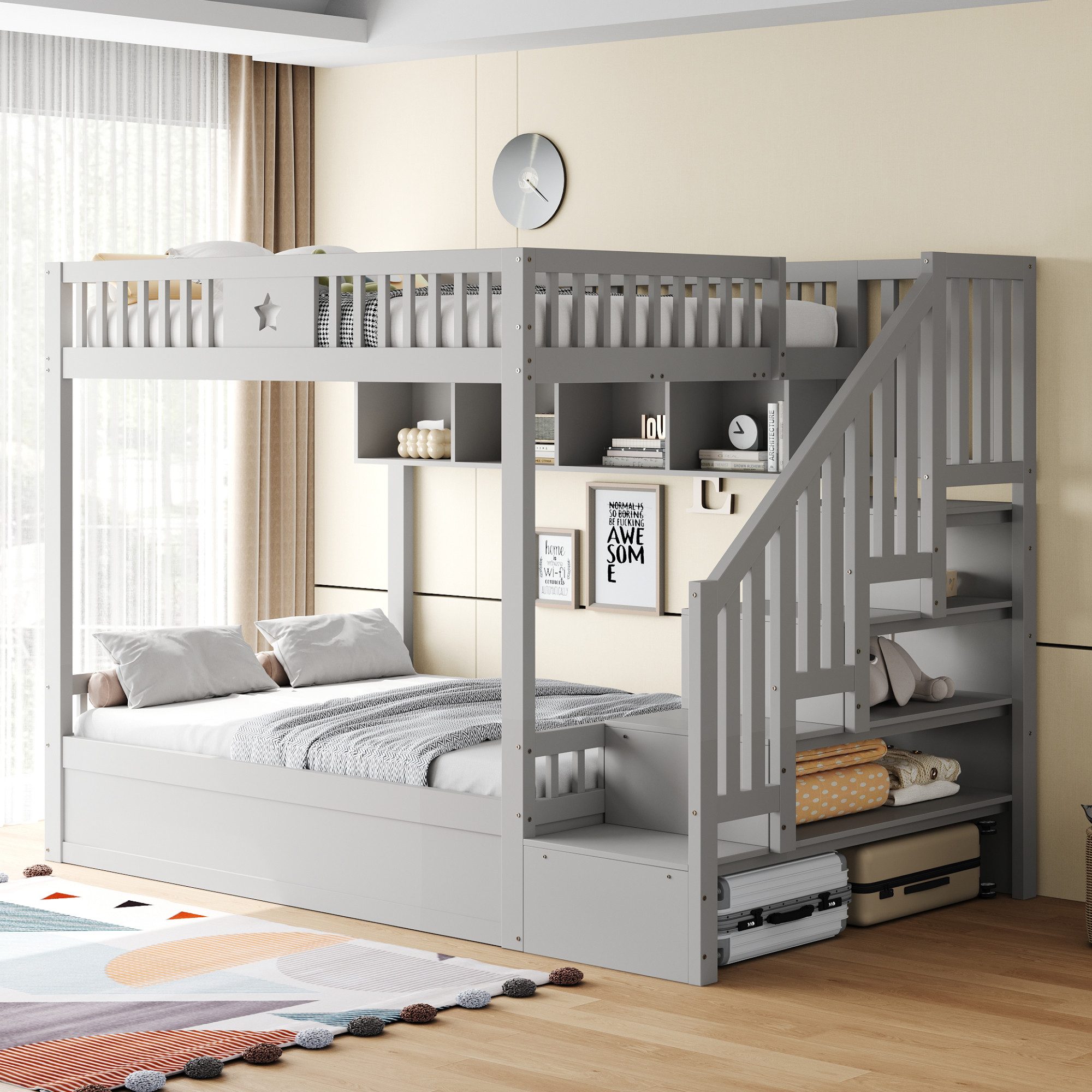 Merax Etagenbett mit hydraulischem Unterbett (1-St., Stockbett Jugendbett Doppelbett Hochbett aus Massivholz), Kinderbett 140x200cm mit Stauraumtreppe, Regalen  – Bild 3 von 5