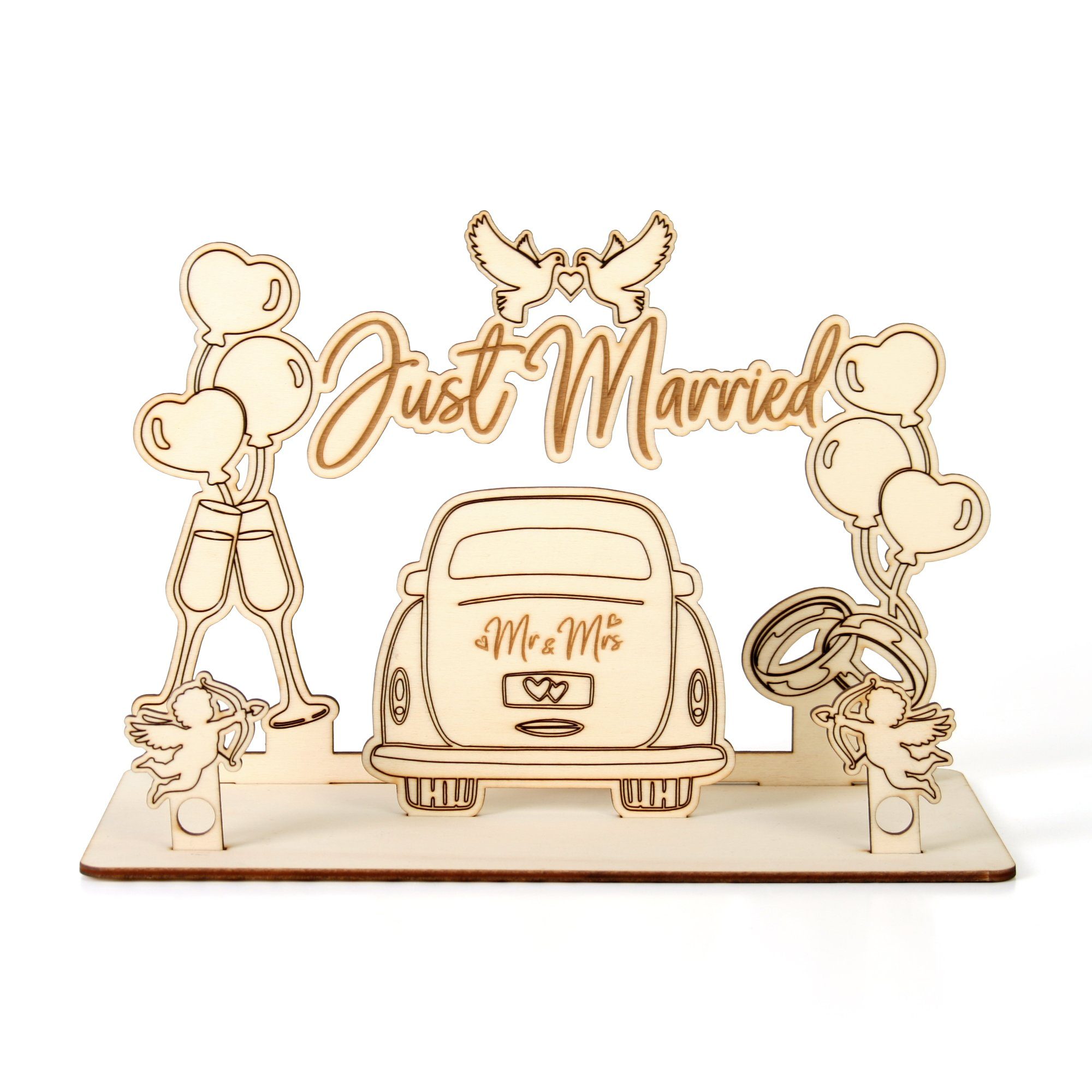 Geschenk-Aufsteller Hochzeitskarte 3D Dekorativer „Just Geldgeschenk-Deko originelle Holz Feder Hochzeit, Kreative Married“ zur aus